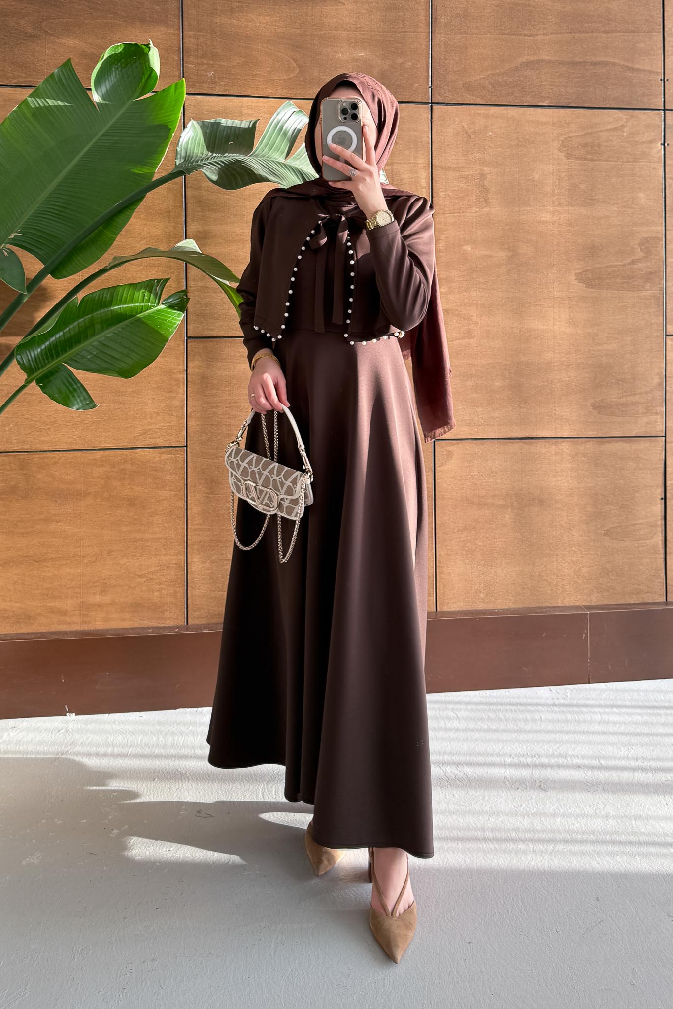 İncili Scuba Elbise Kahverengi