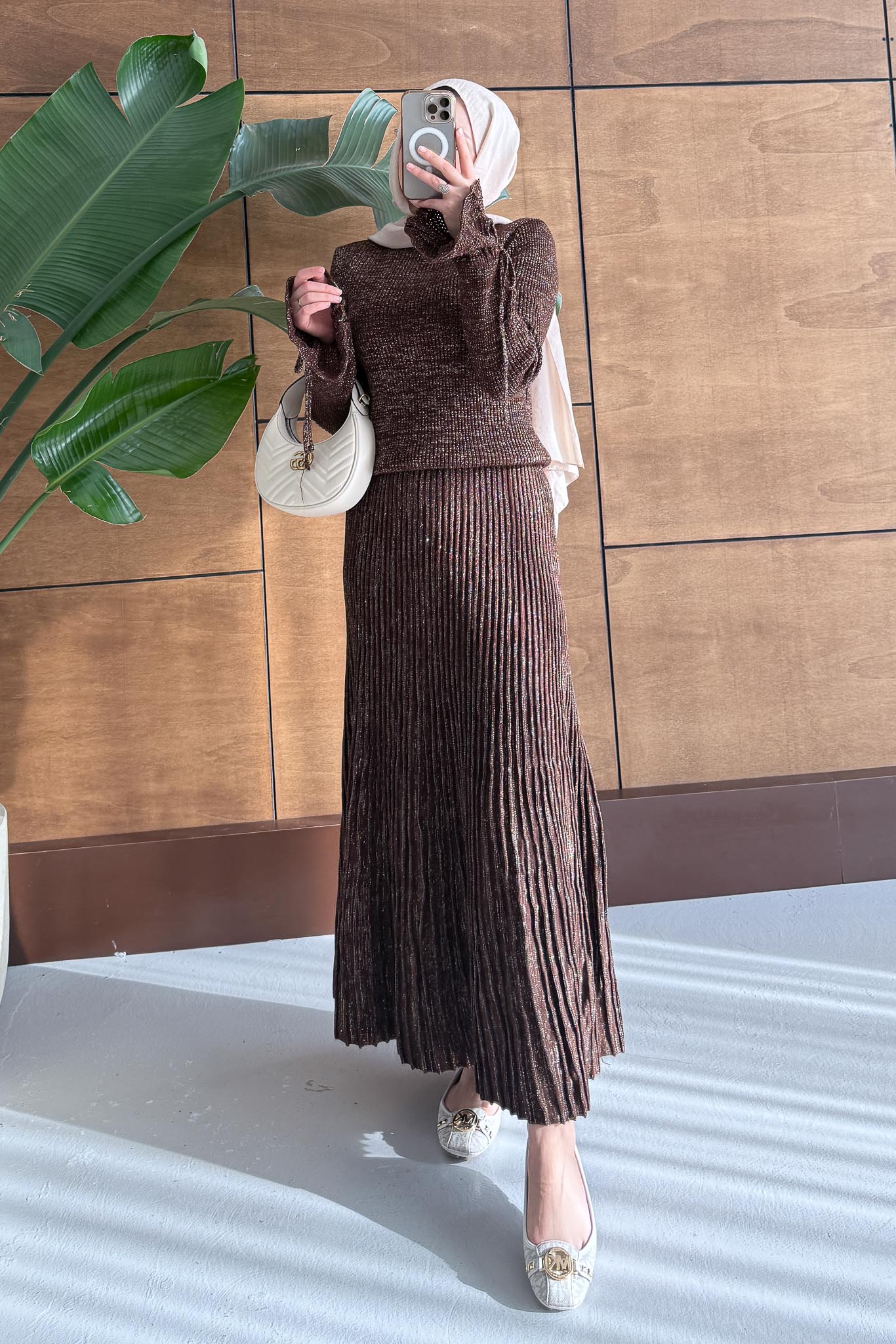 Parıltı Simli Etek Takım Kahverengi