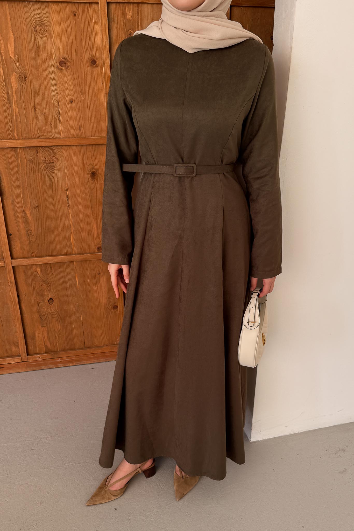 Süet Kemerli Elbise Haki