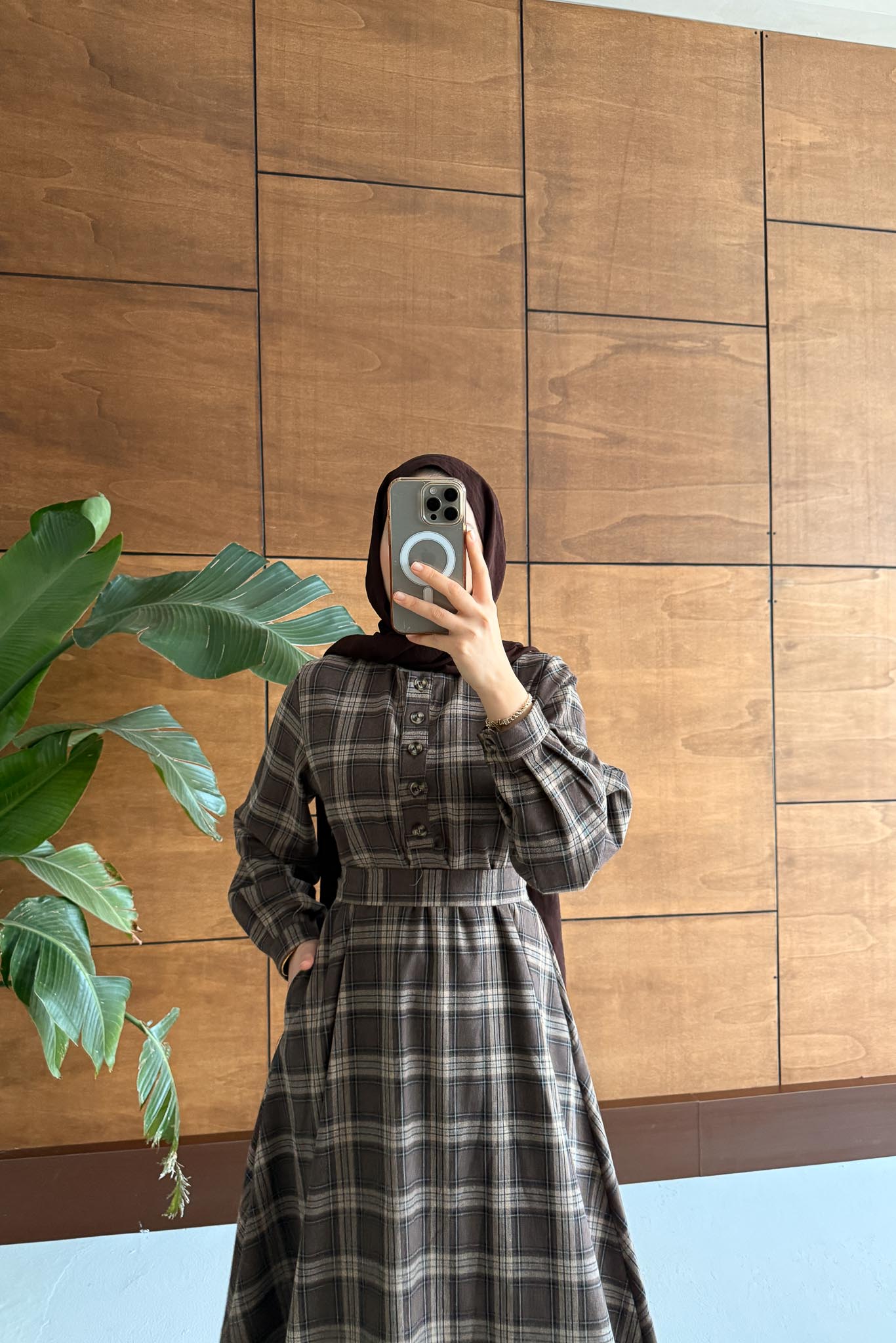 Ekose Desenli Elbise Kahverengi