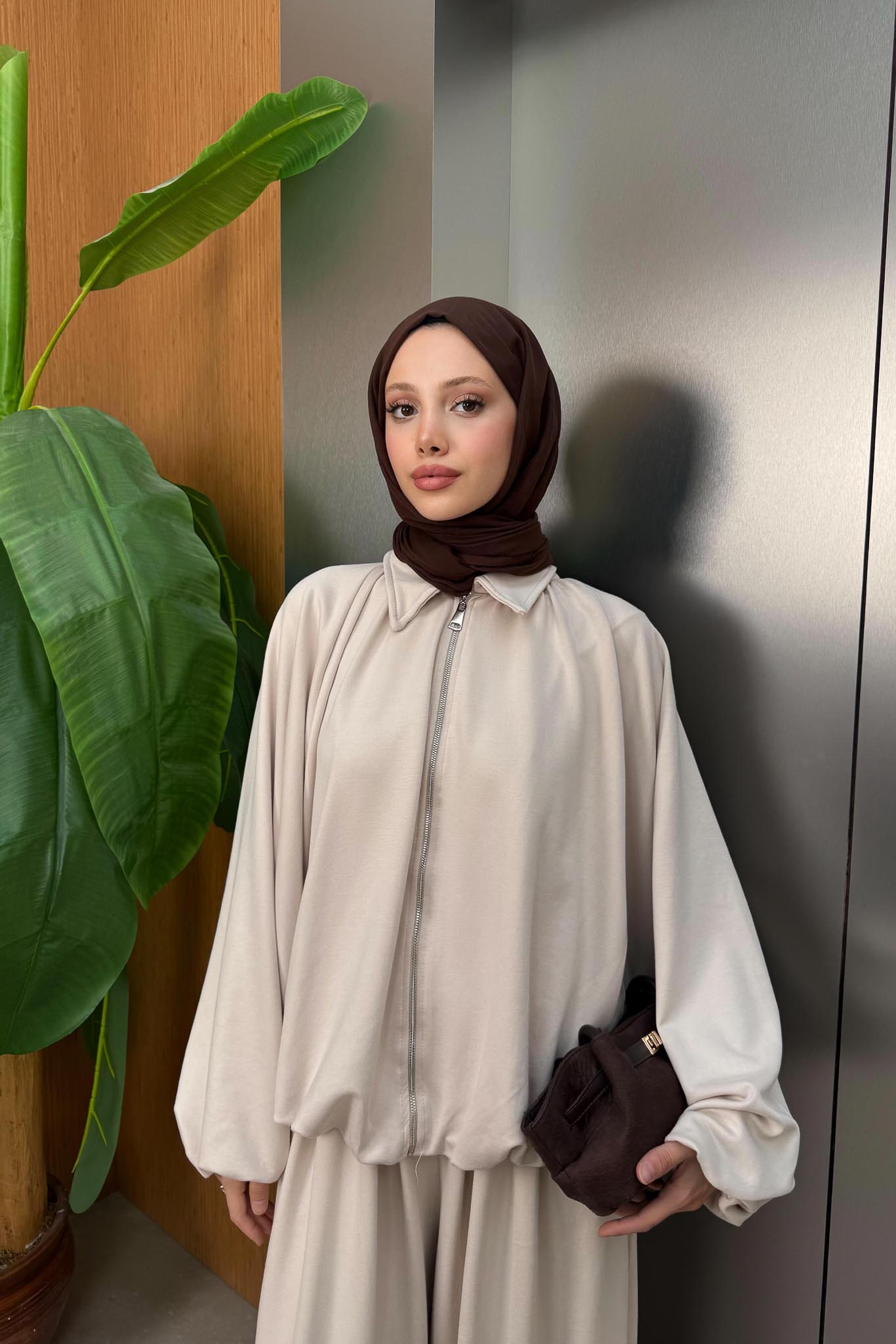 Fermuarlı Oversize Takım Bej