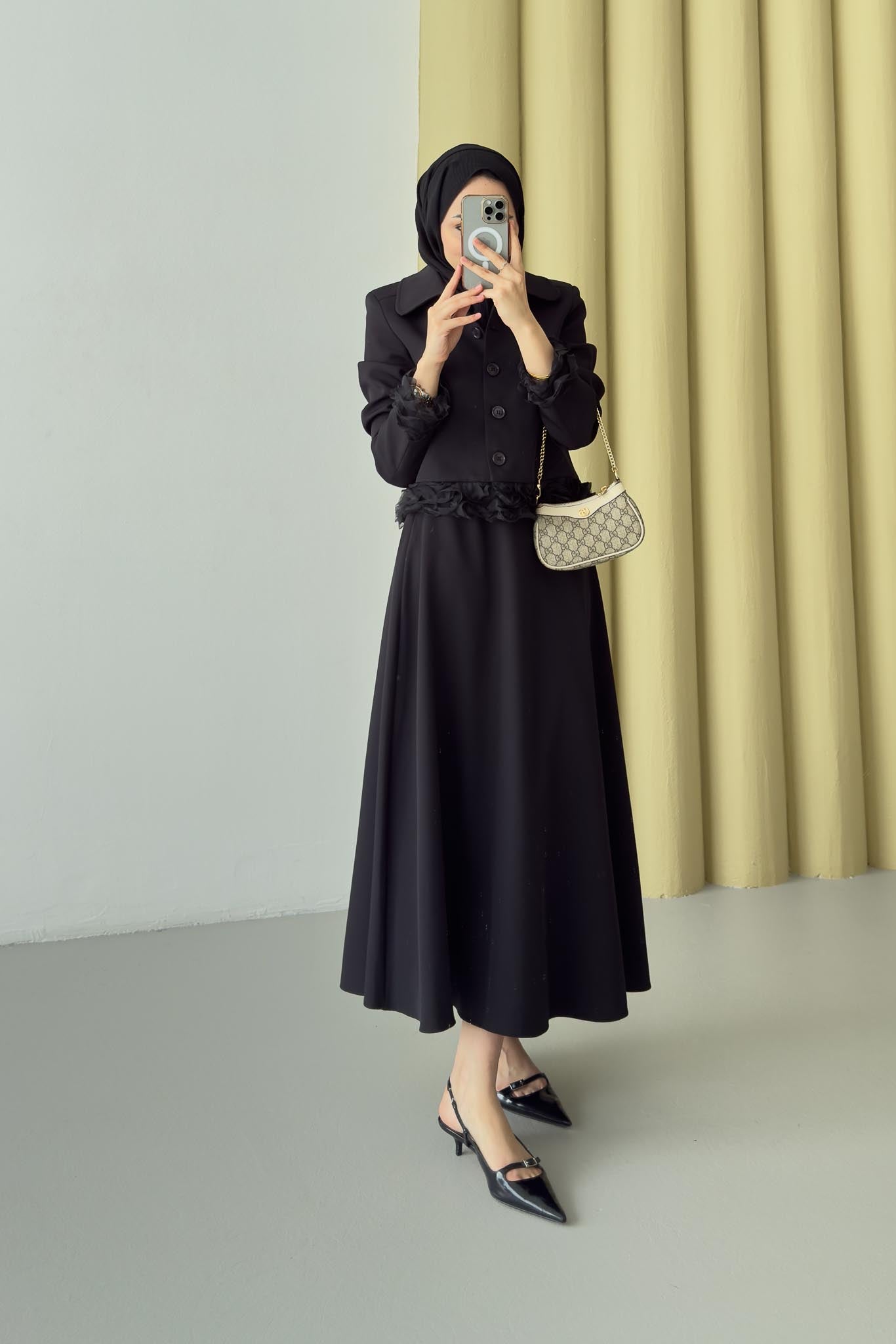 Şifon Detaylı Ceket Takım Siyah