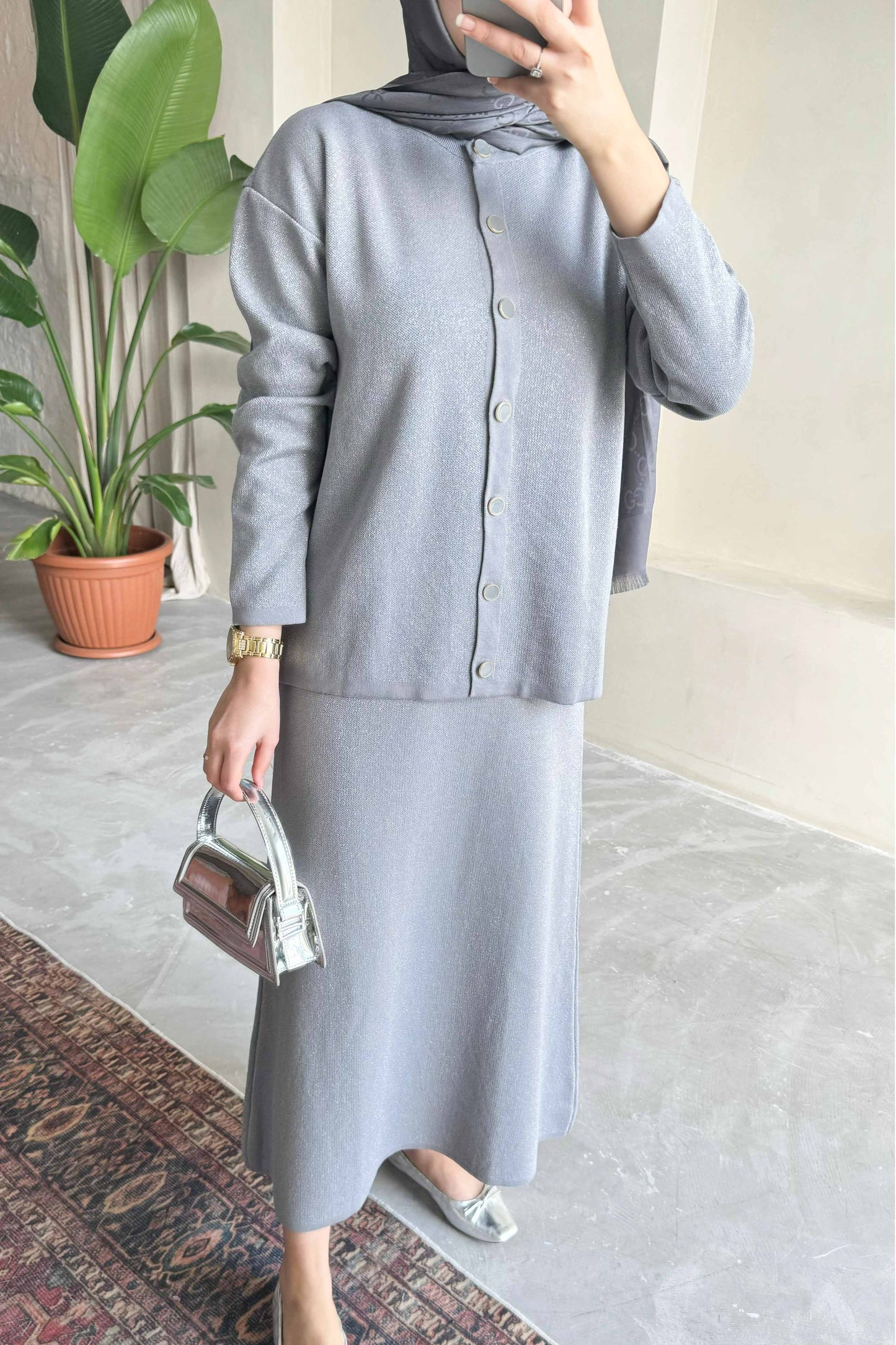 Simli Triko Takım Gri