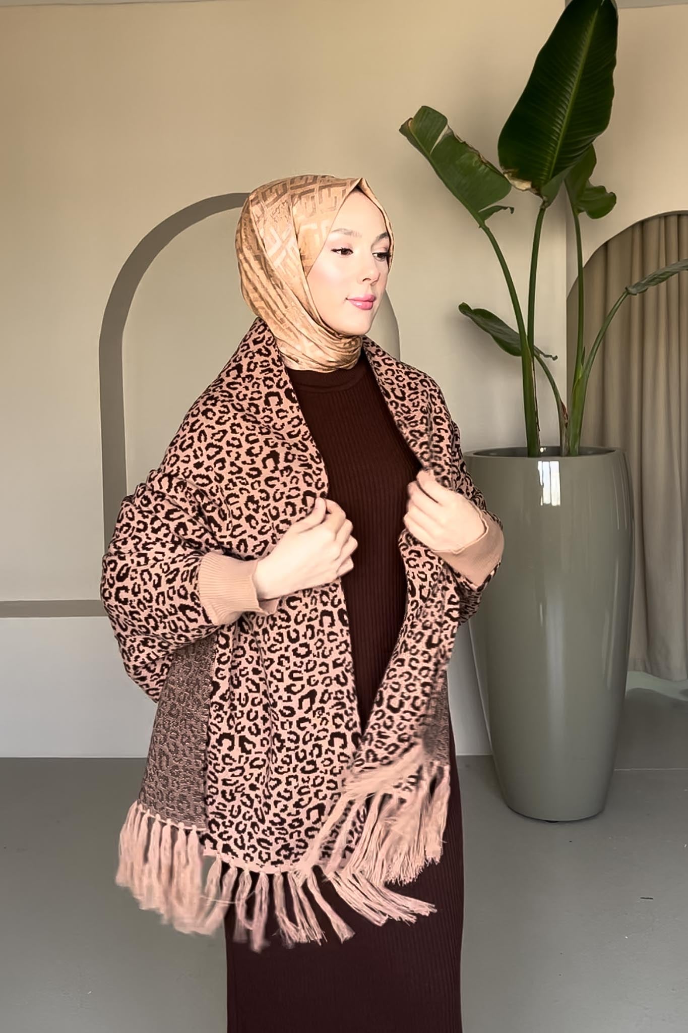 Leopar Şal Panço Kahverengi
