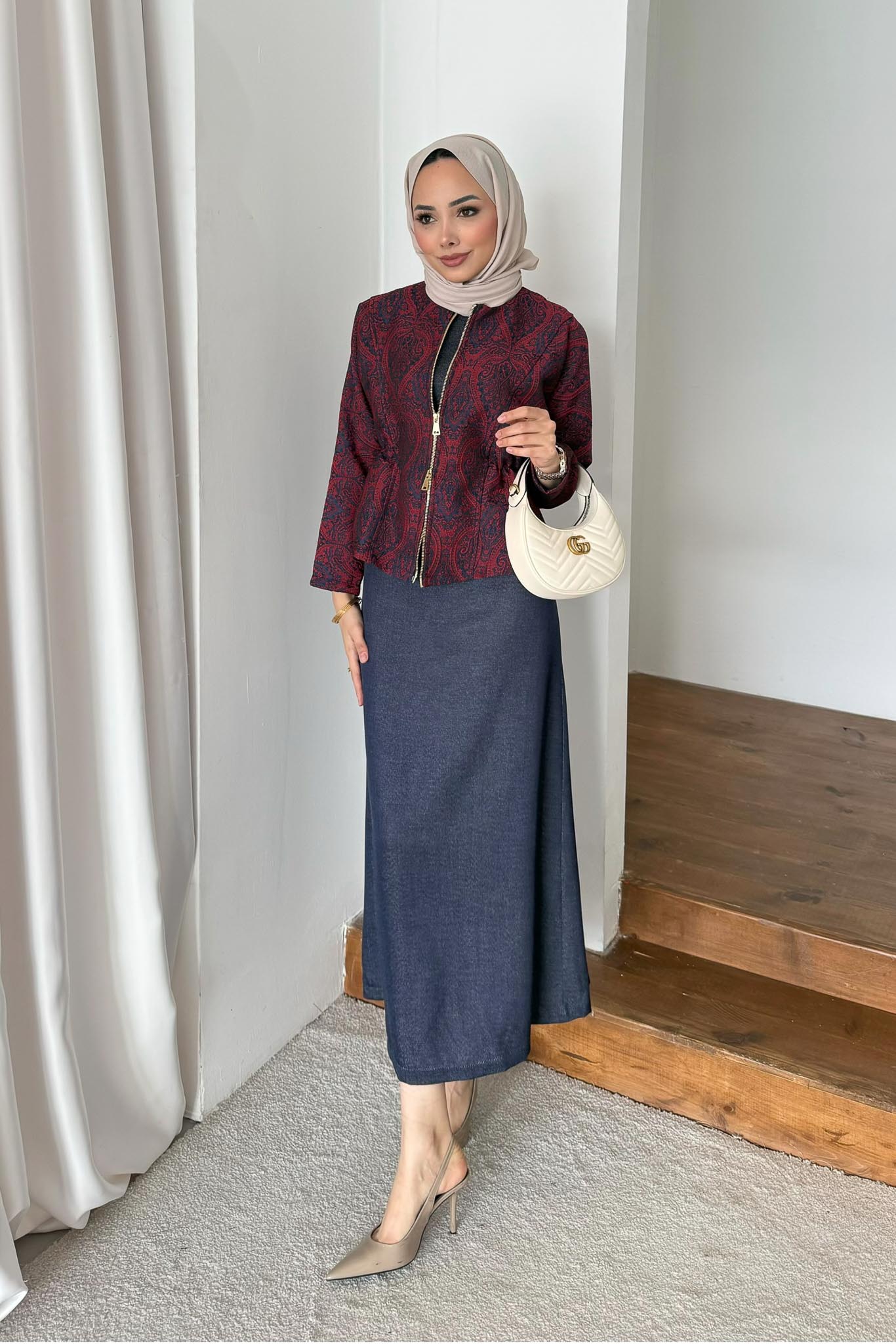 Woven Tweed Skirt Suit Navy Blue