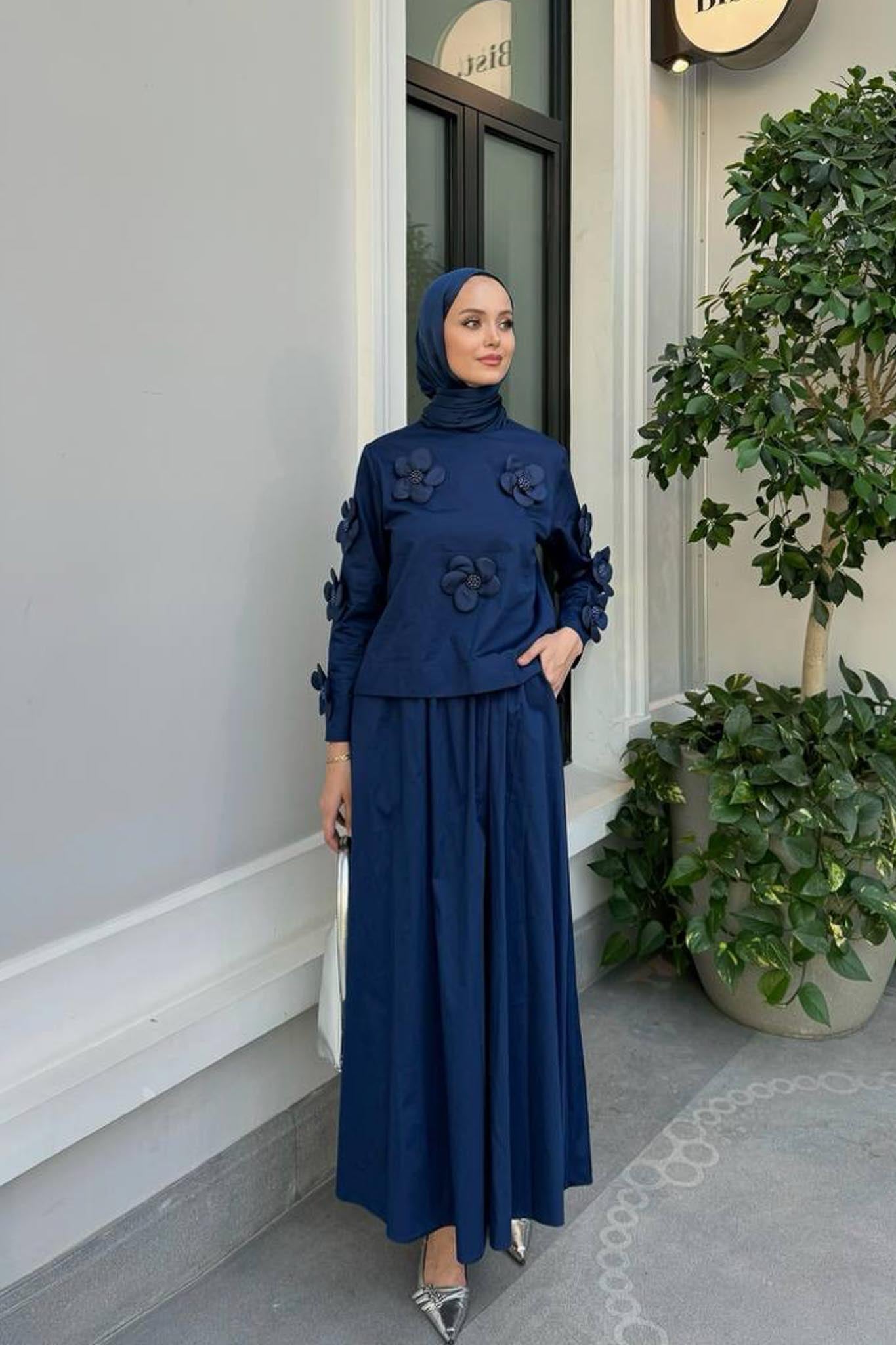 Papatya Motifli Takım Lacivert