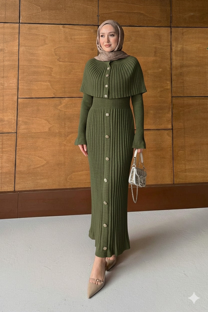 Pelerin Broş Düğmeli Elbise Haki