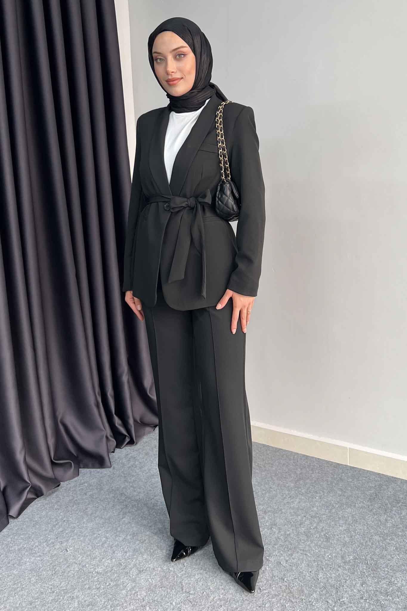 Kuşaklı Ceket Takım Siyah