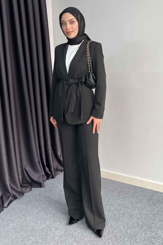 Kuşaklı Ceket Takım Siyah