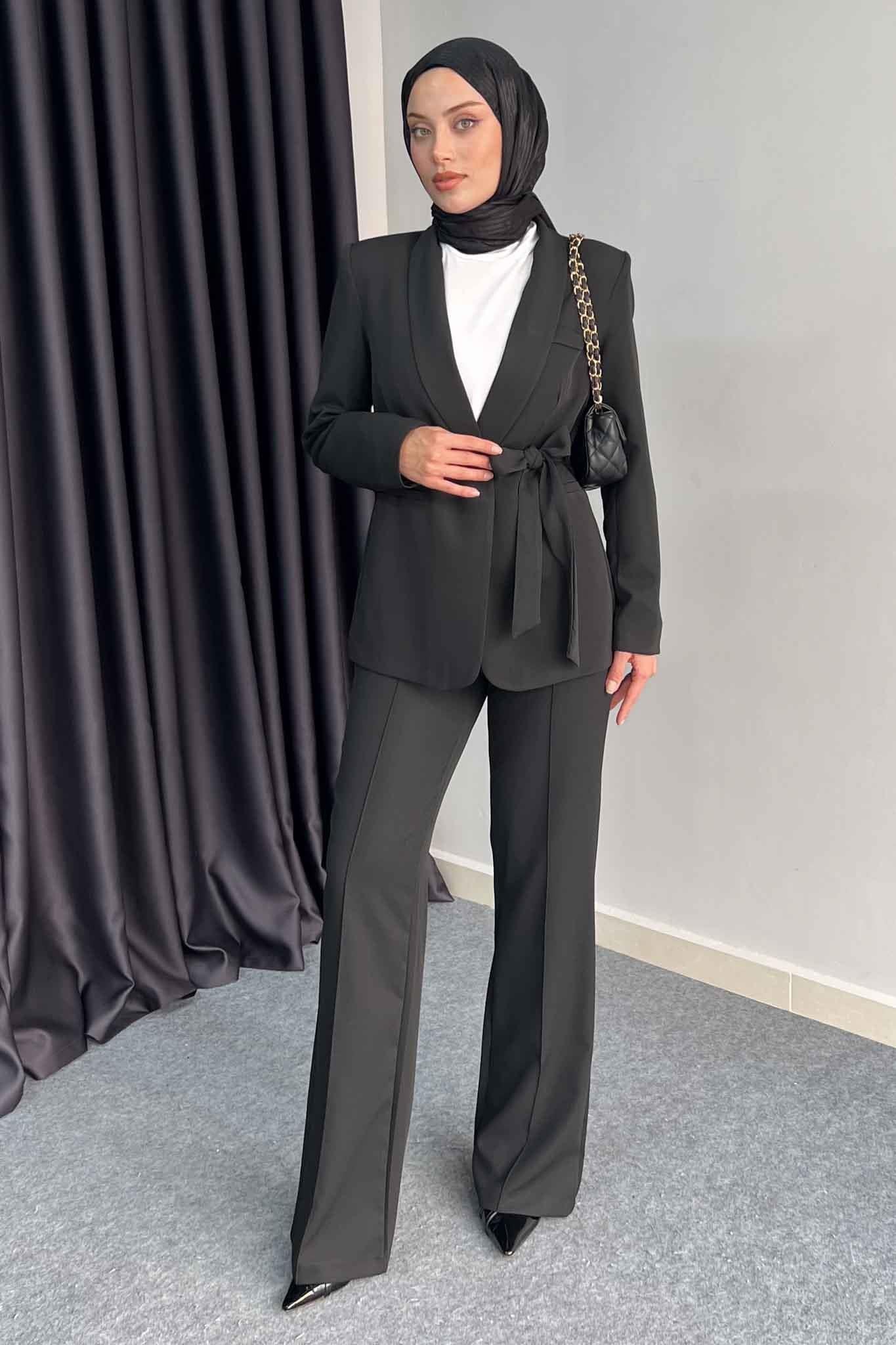 Kuşaklı Ceket Takım Siyah