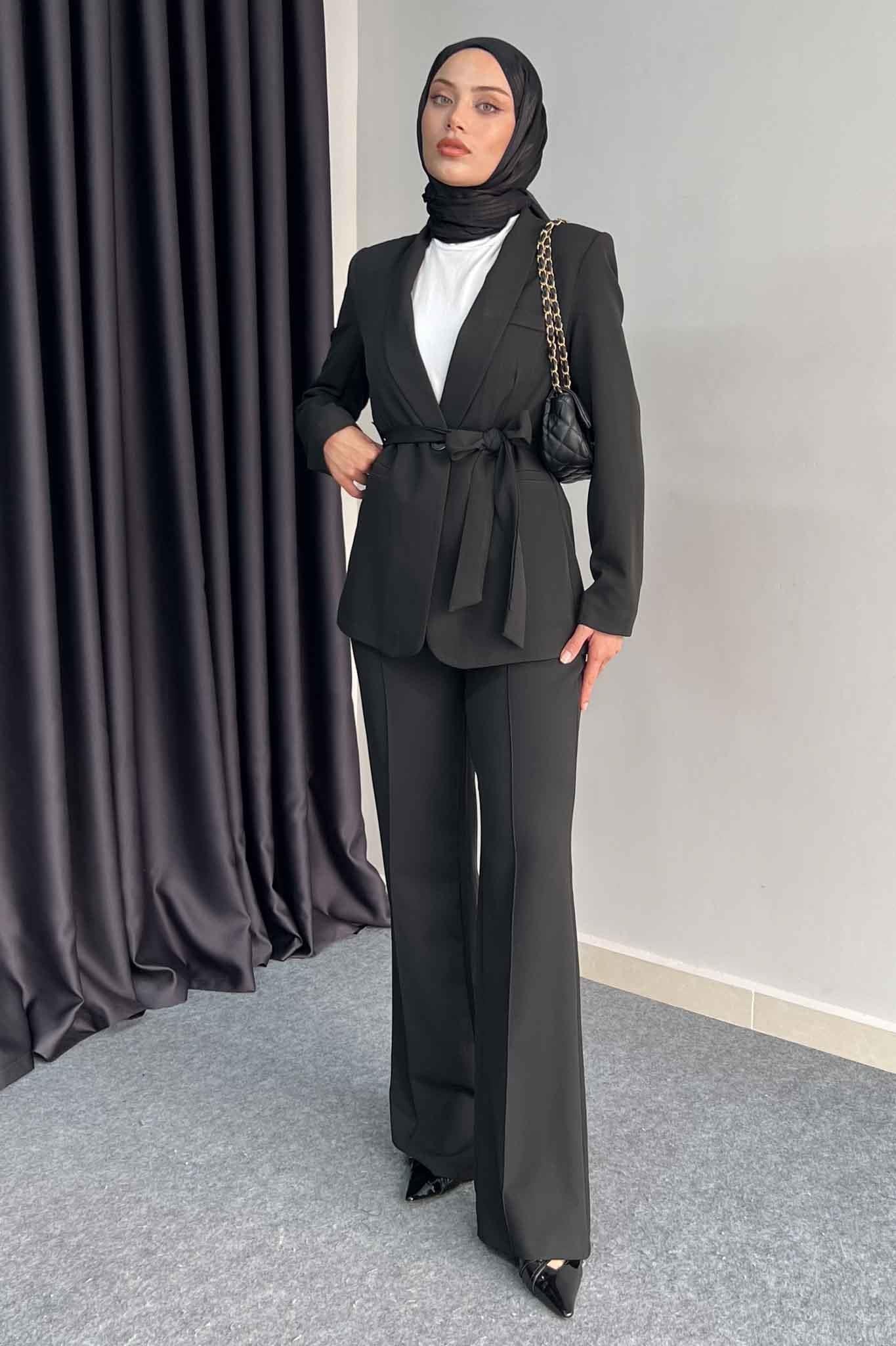 Kuşaklı Ceket Takım Siyah