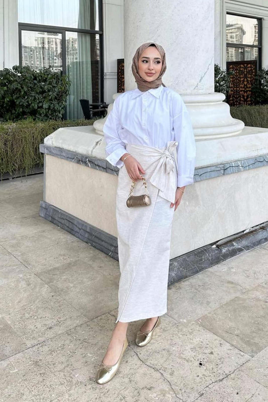 Bağlamalı Keten Etek Bej