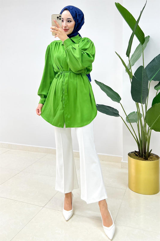 Balon Kol Saten Gömlek Fıstık Yeşili