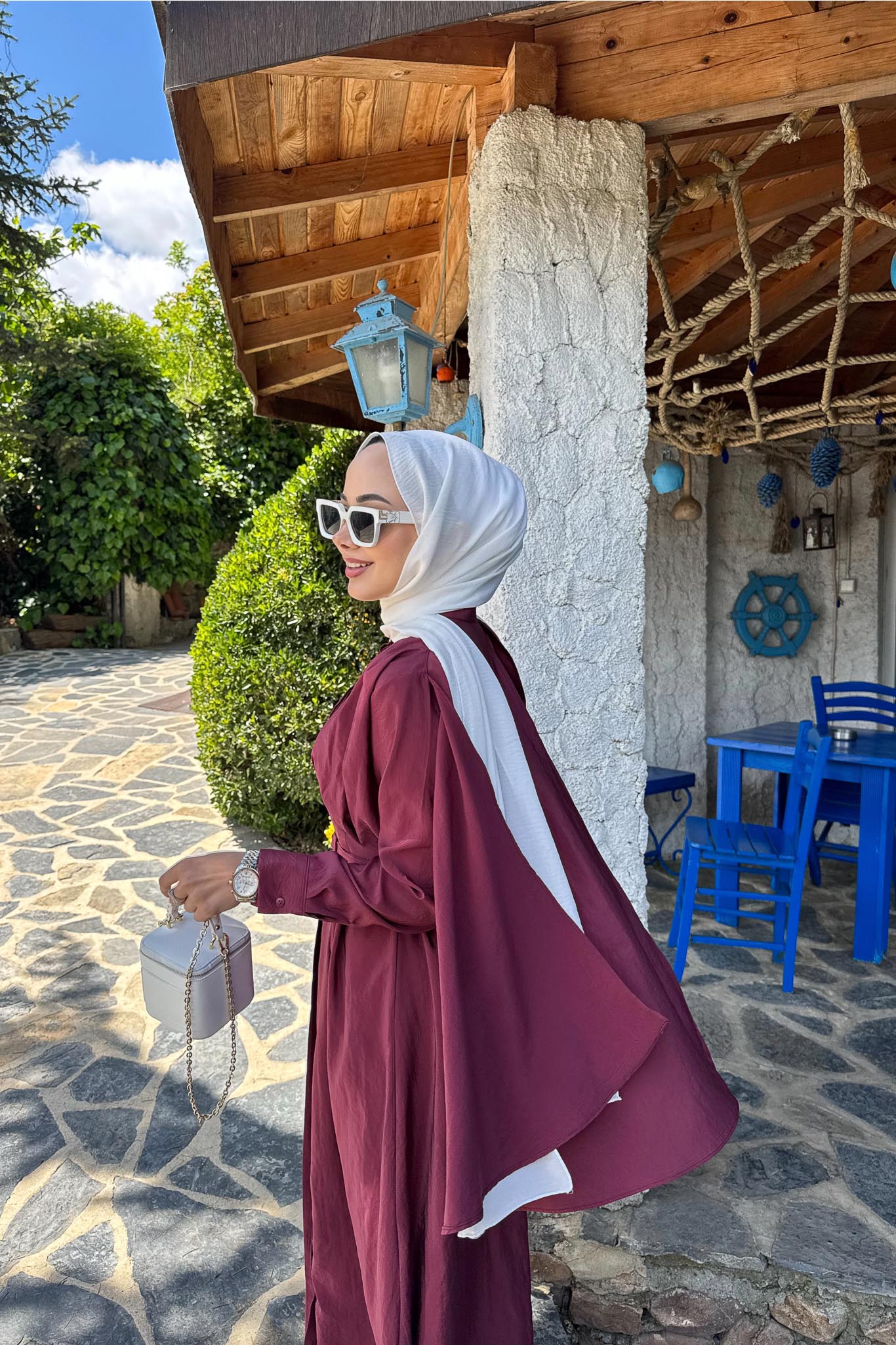 Şallı Kemerli Elbise Bordo