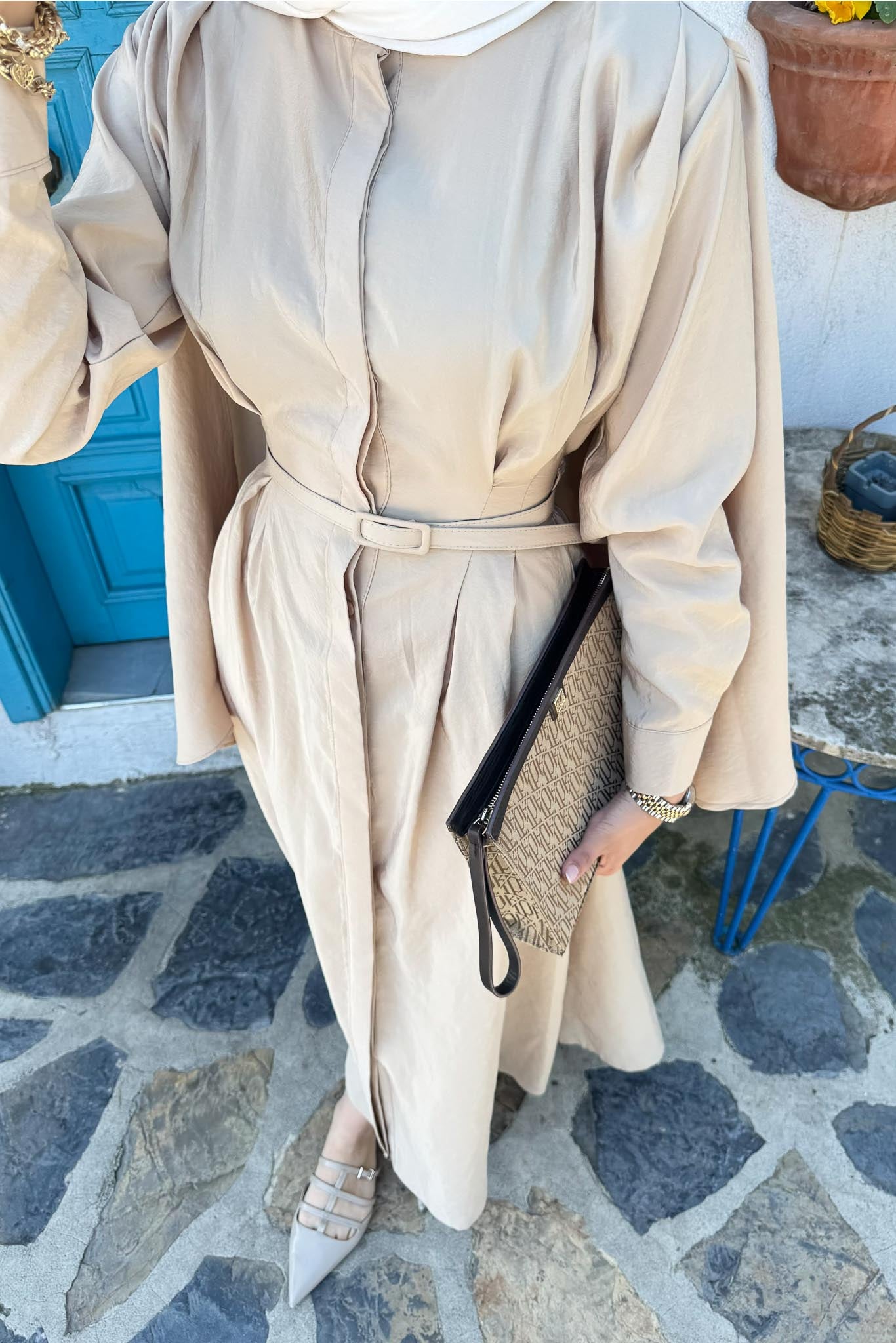 Şallı Kemerli Elbise Bej