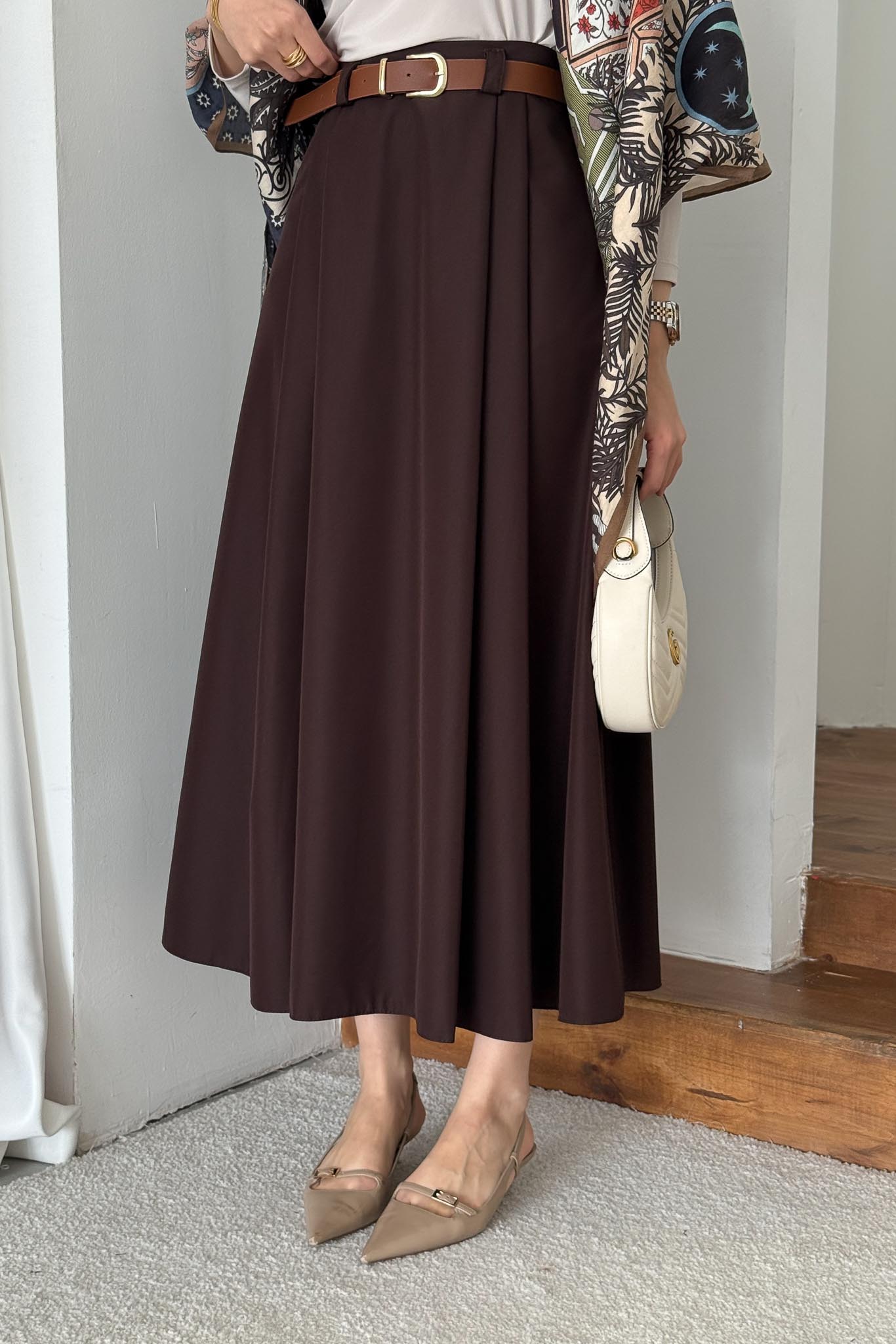 Blok Kemerli Etek Kahverengi