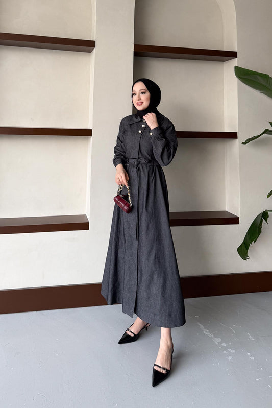 Broşlu Kot Elbise Siyah