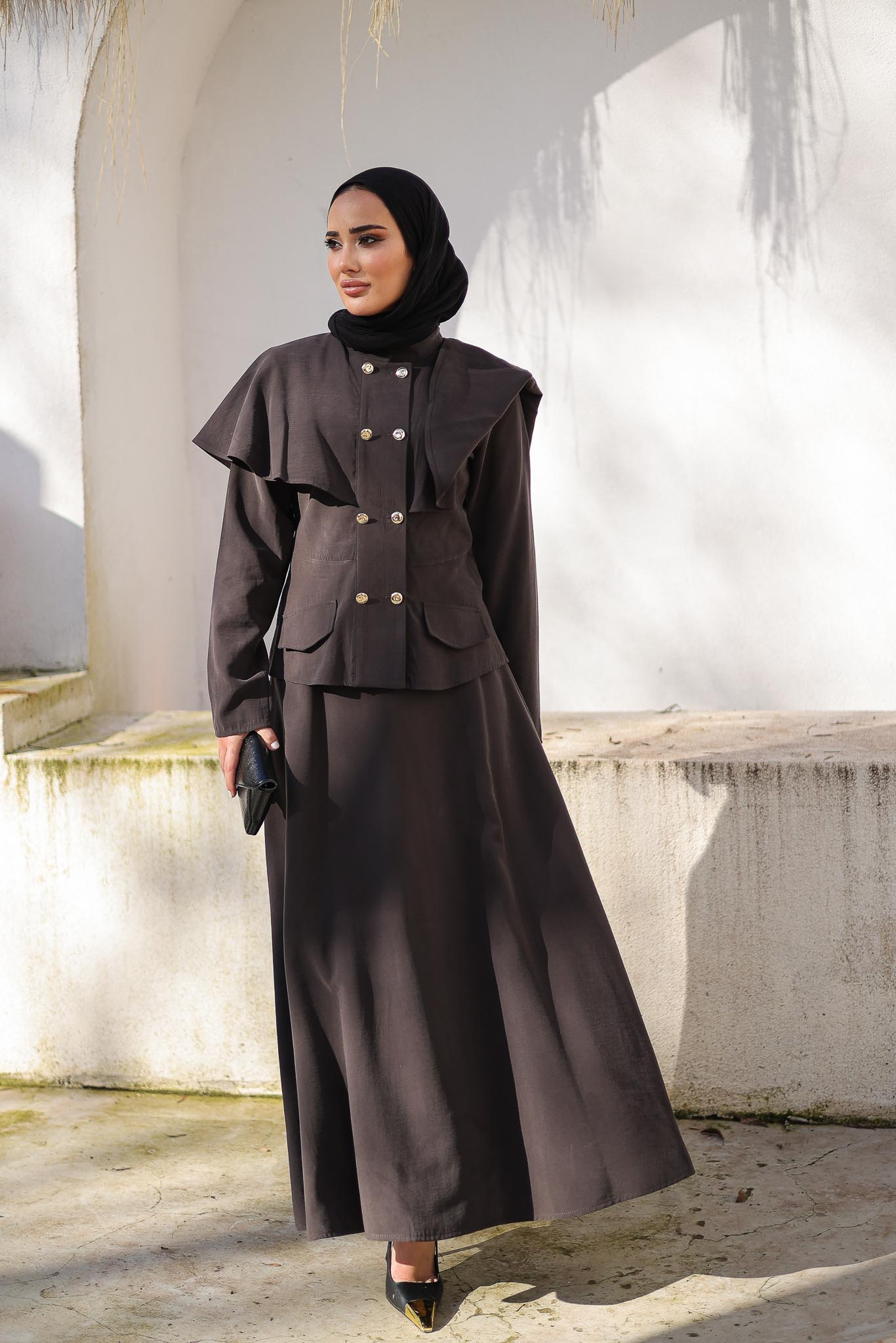 Volan Düğmeli Takım Kahverengi