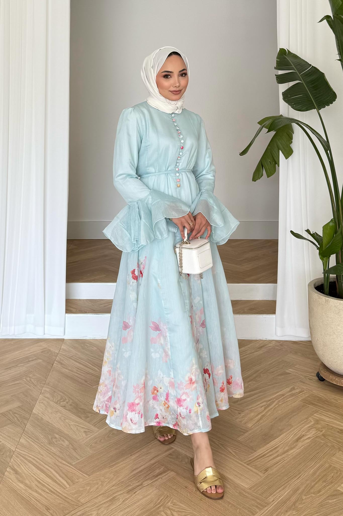 Nazen Çiçekli Elbise Mavi