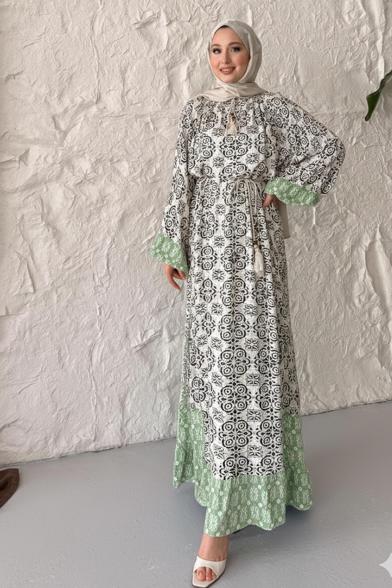 Dama Desenli Elbise Su Yeşili