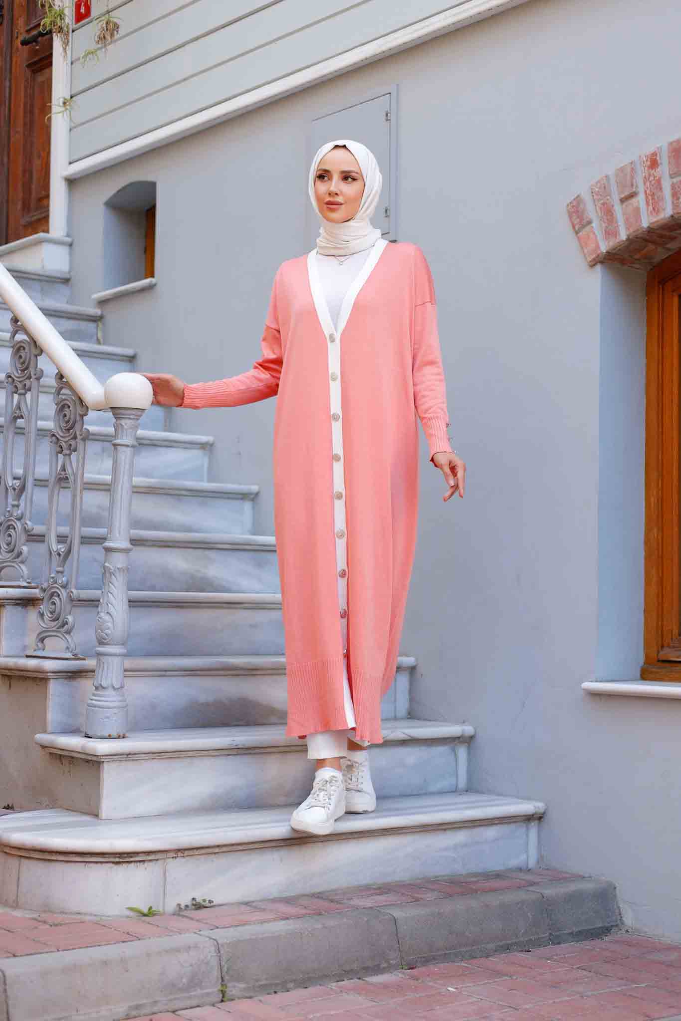 Düğmeli Merserize Hırka Pembe