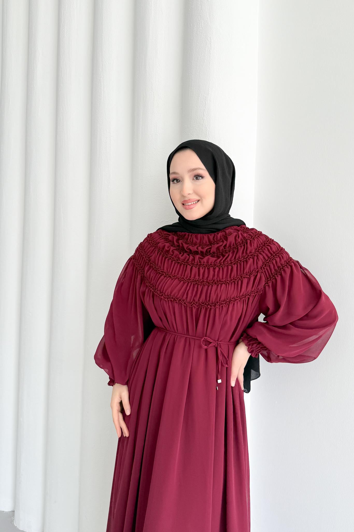 Büzgülü Şifon Elbise Bordo