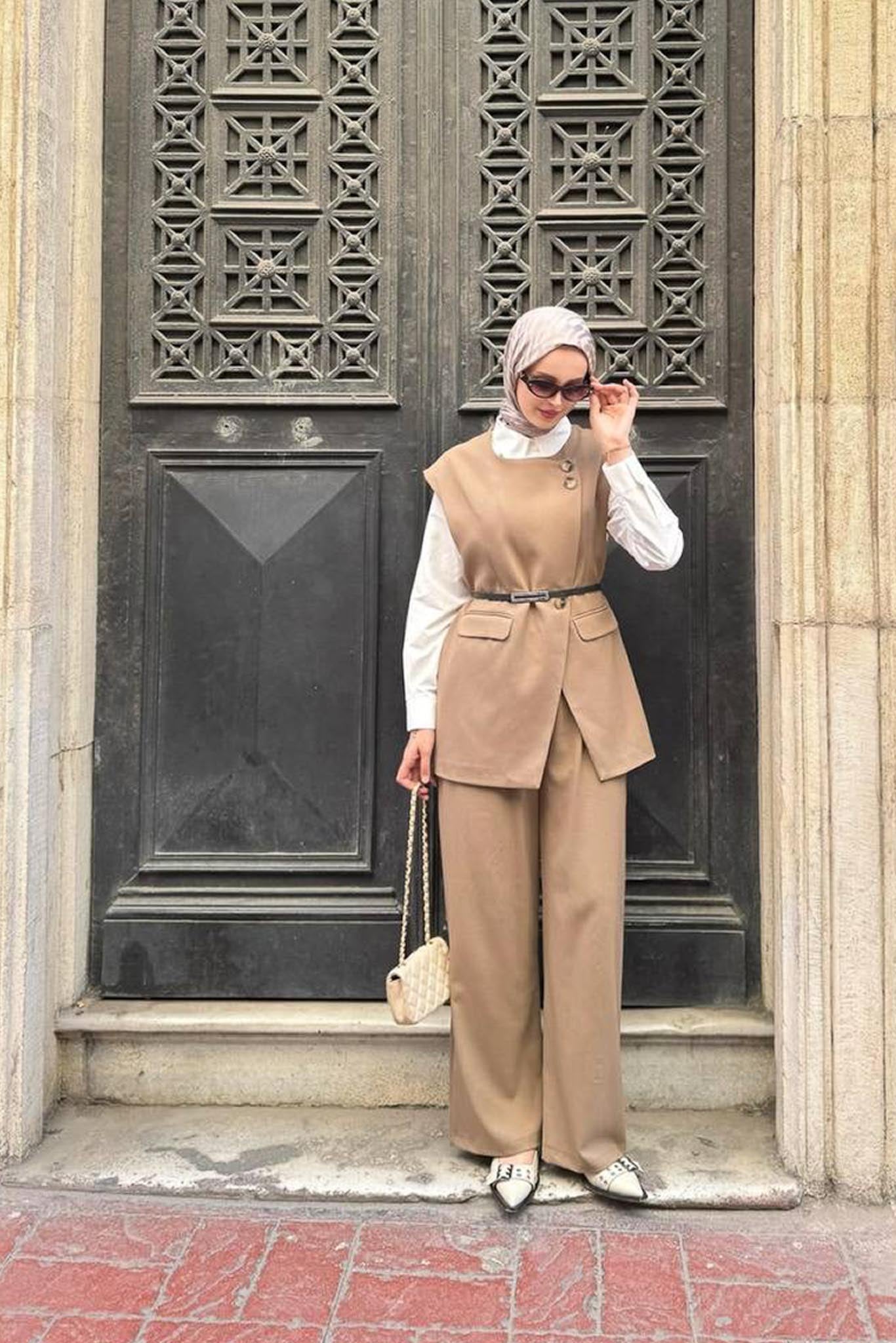 Karen Çift Düğmeli Takım Karamel