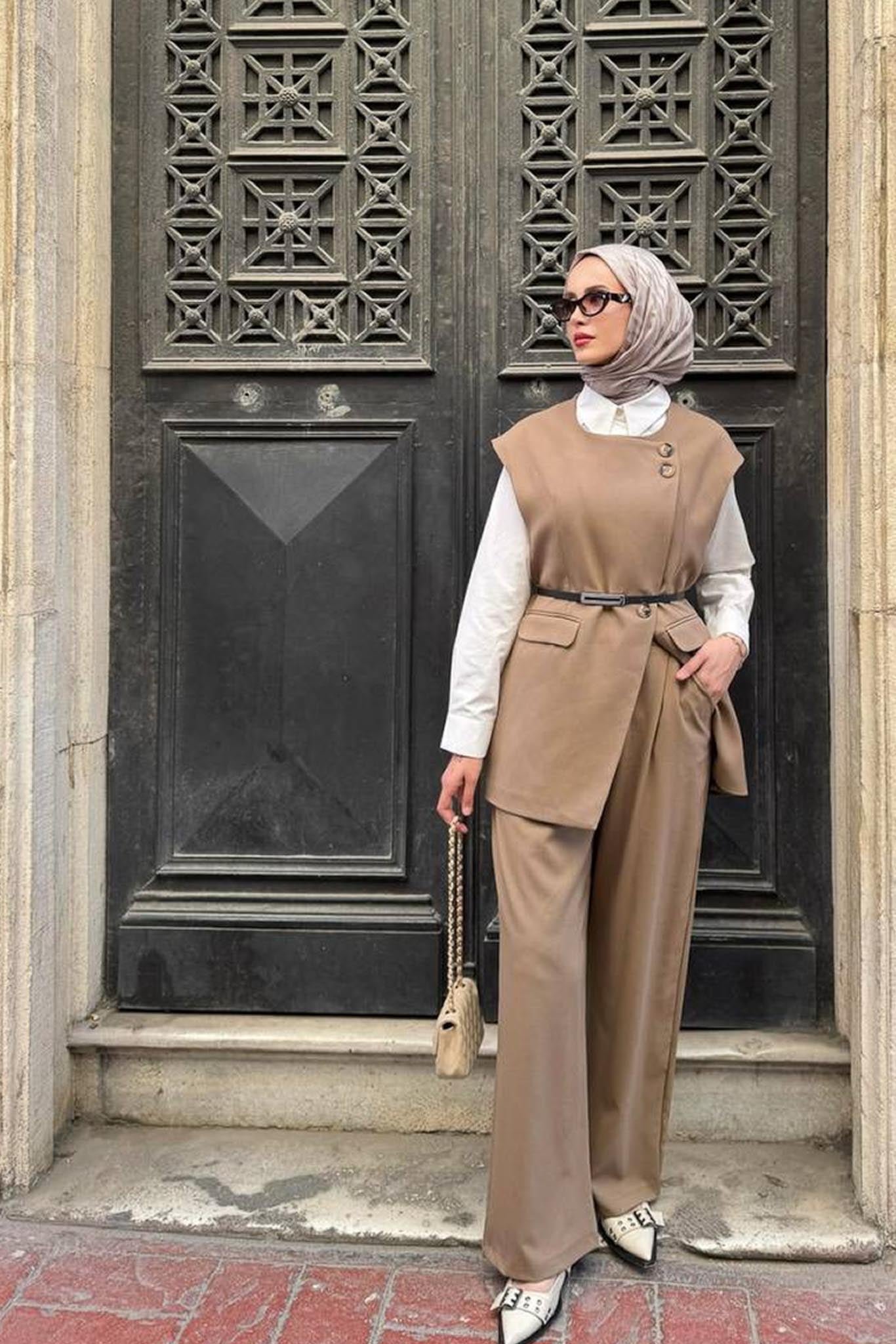 Karen Çift Düğmeli Takım Karamel