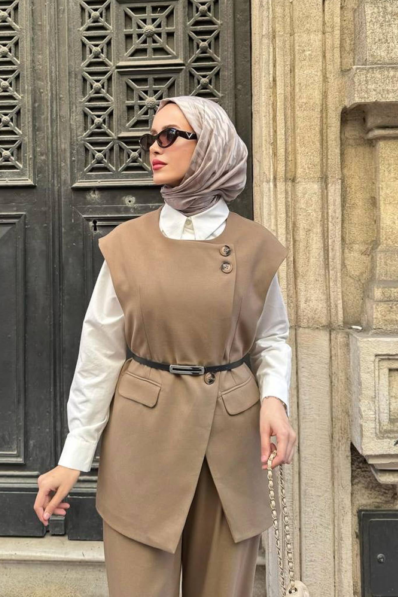 Karen Çift Düğmeli Takım Karamel