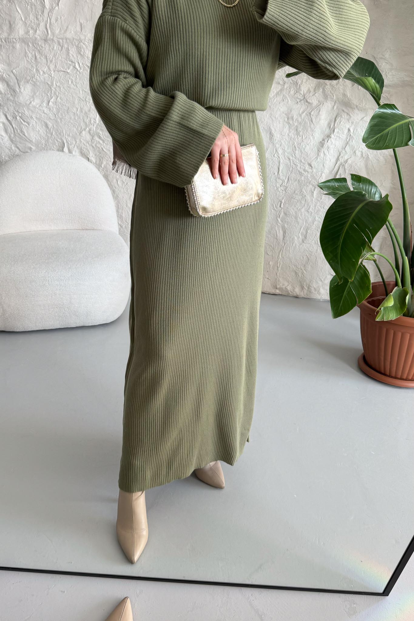 Nesire Fitilli Triko Elbise Su Yeşili