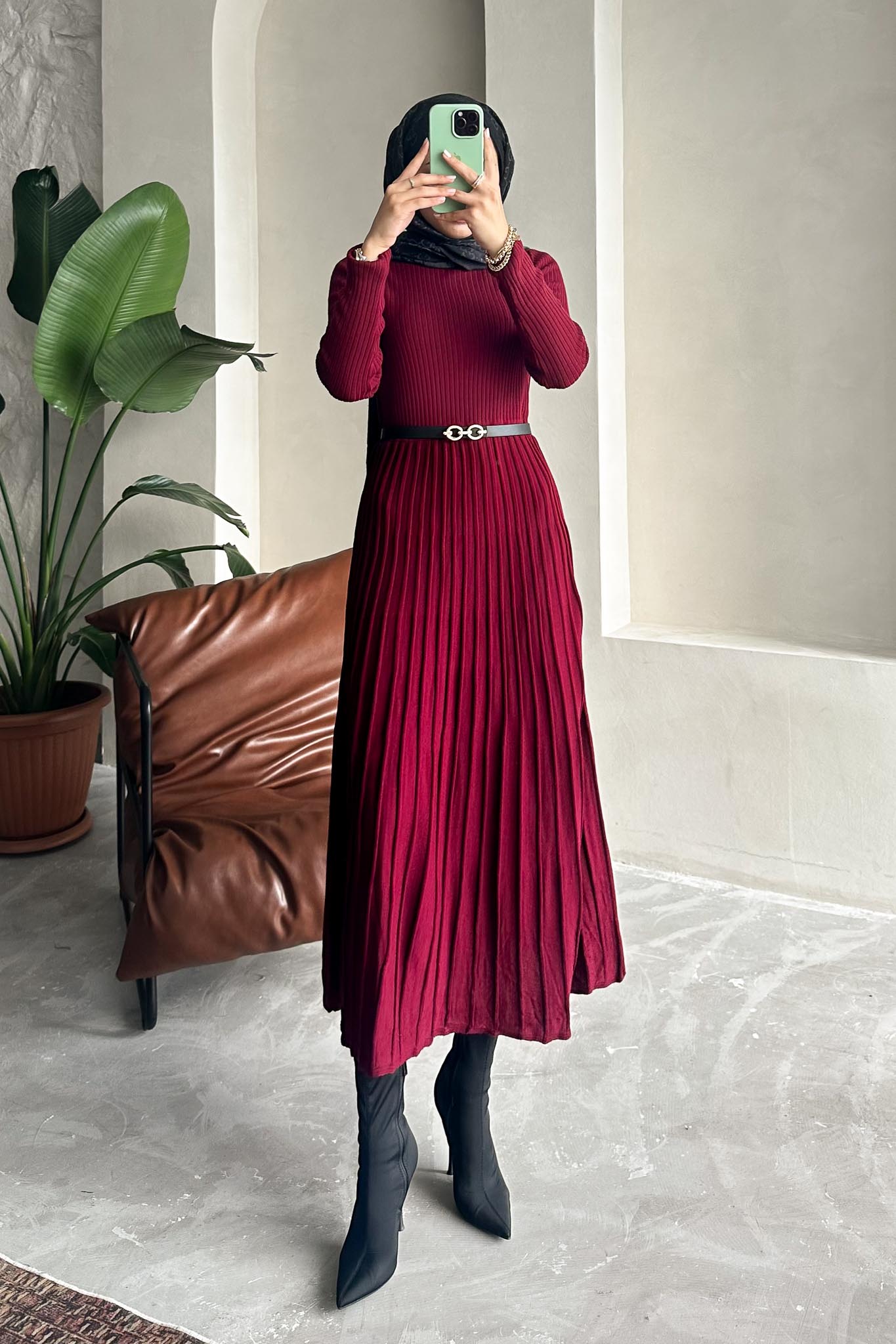 Elora Piliseli Elbise Bordo