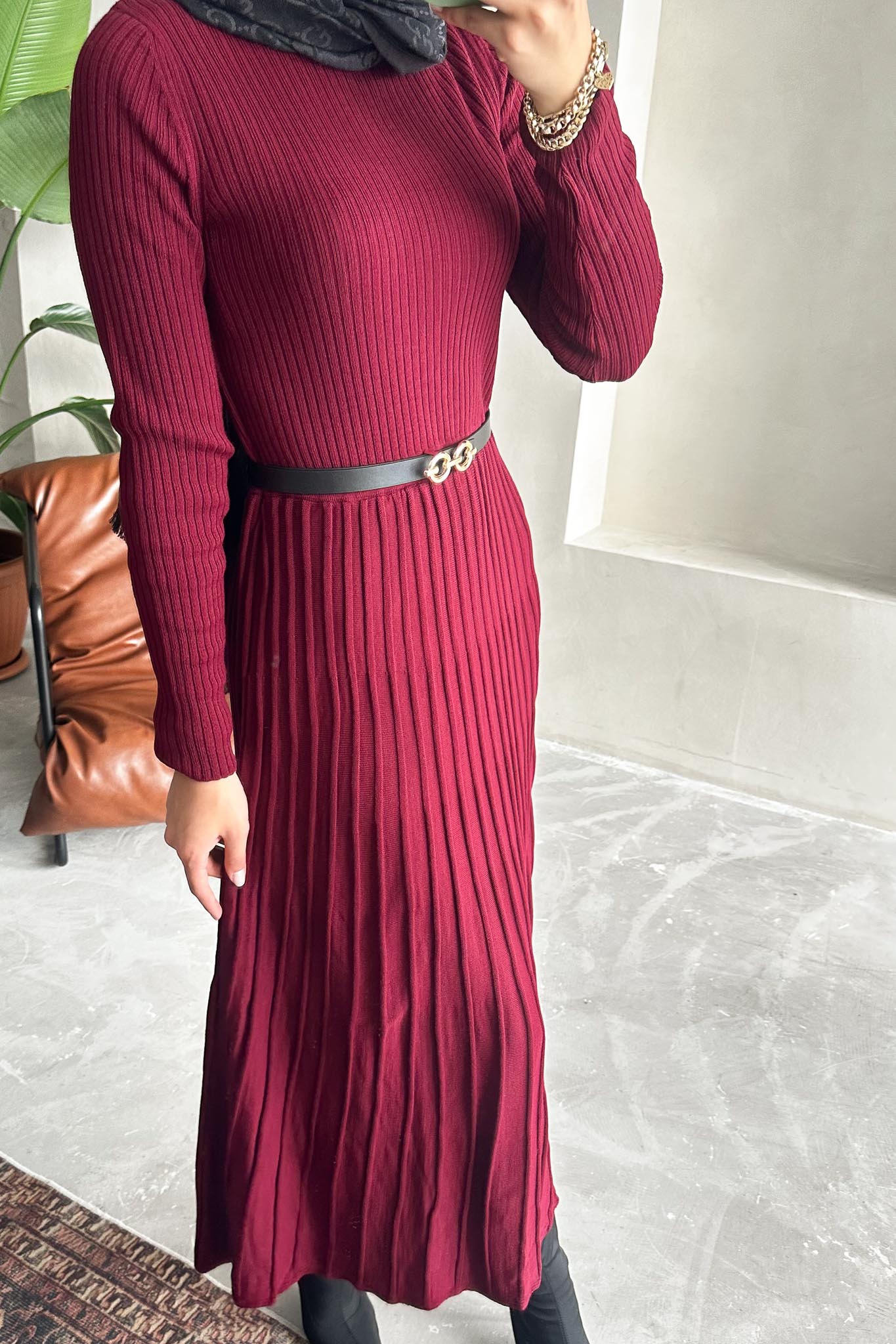 Elora Piliseli Elbise Bordo