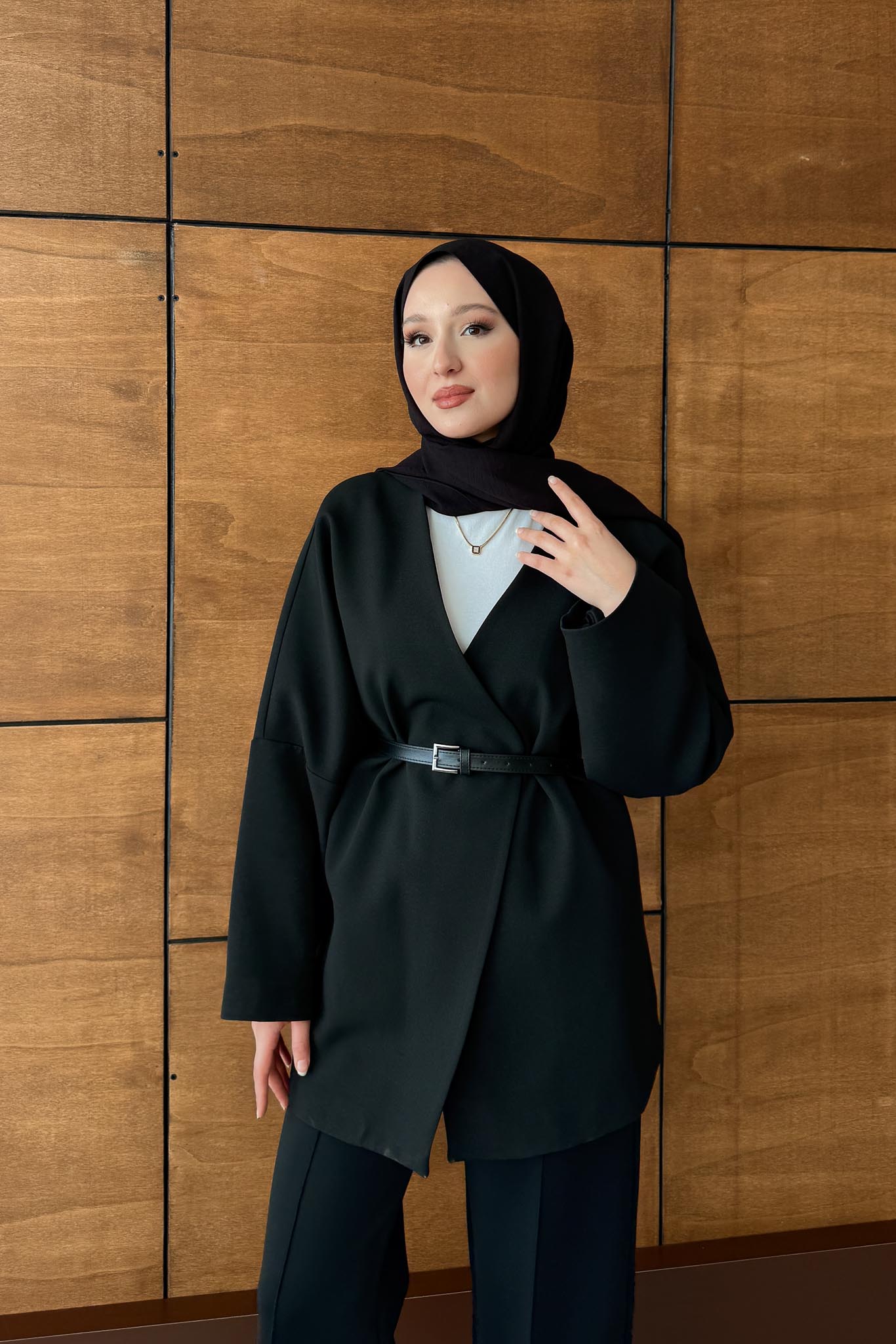 Oxford Kemerli Ceket Siyah