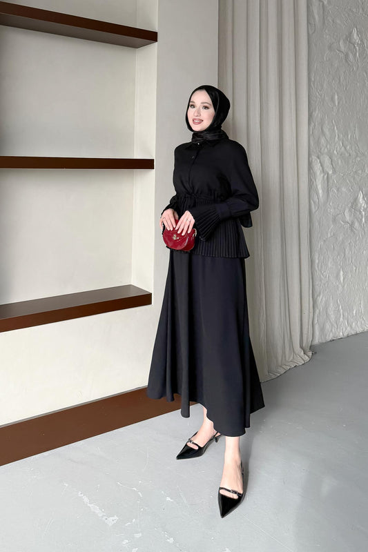 Pile Detaylı Etek Takım Siyah