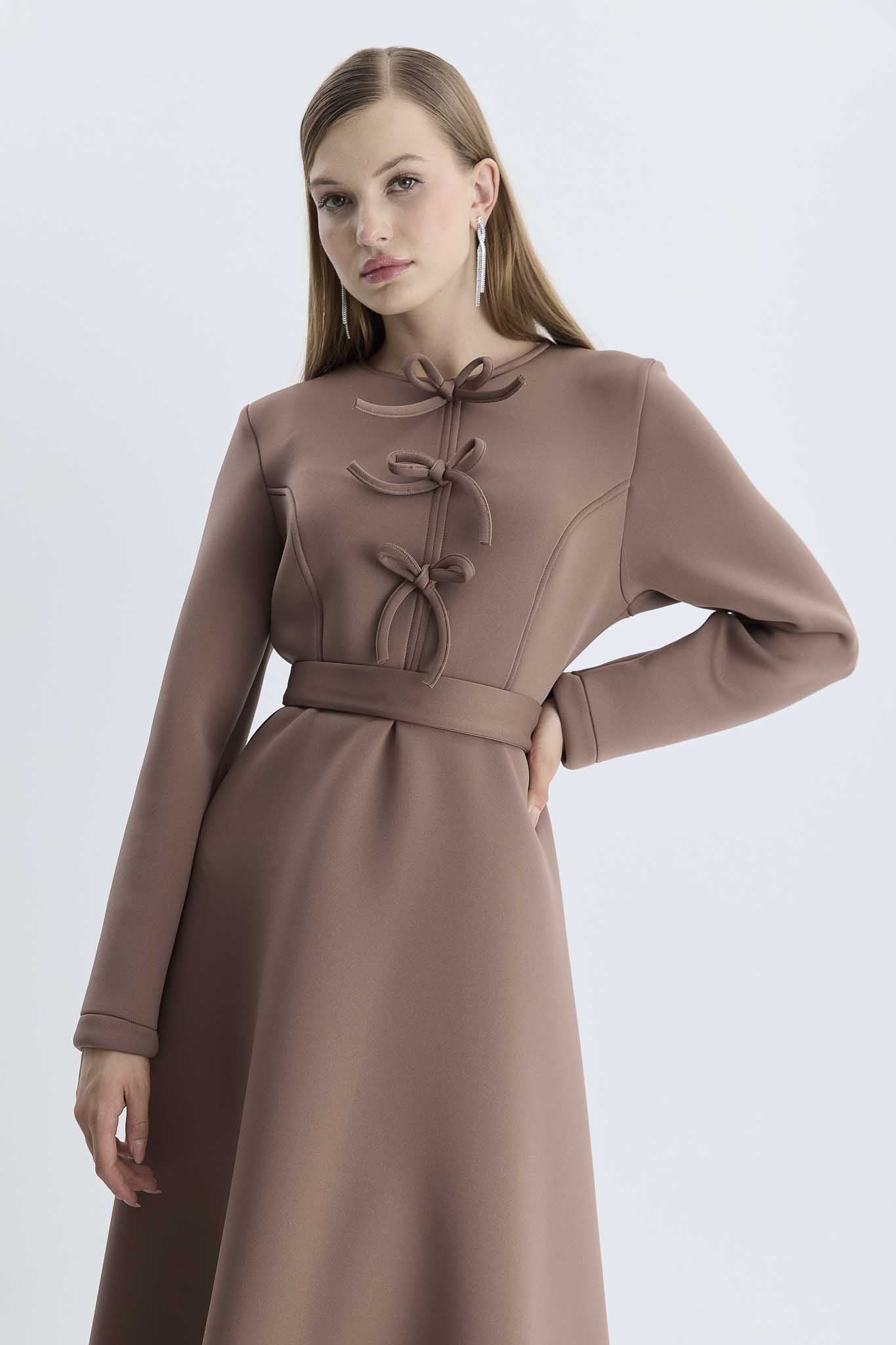 Jam Fiyonklu Puf Elbise Kahverengi