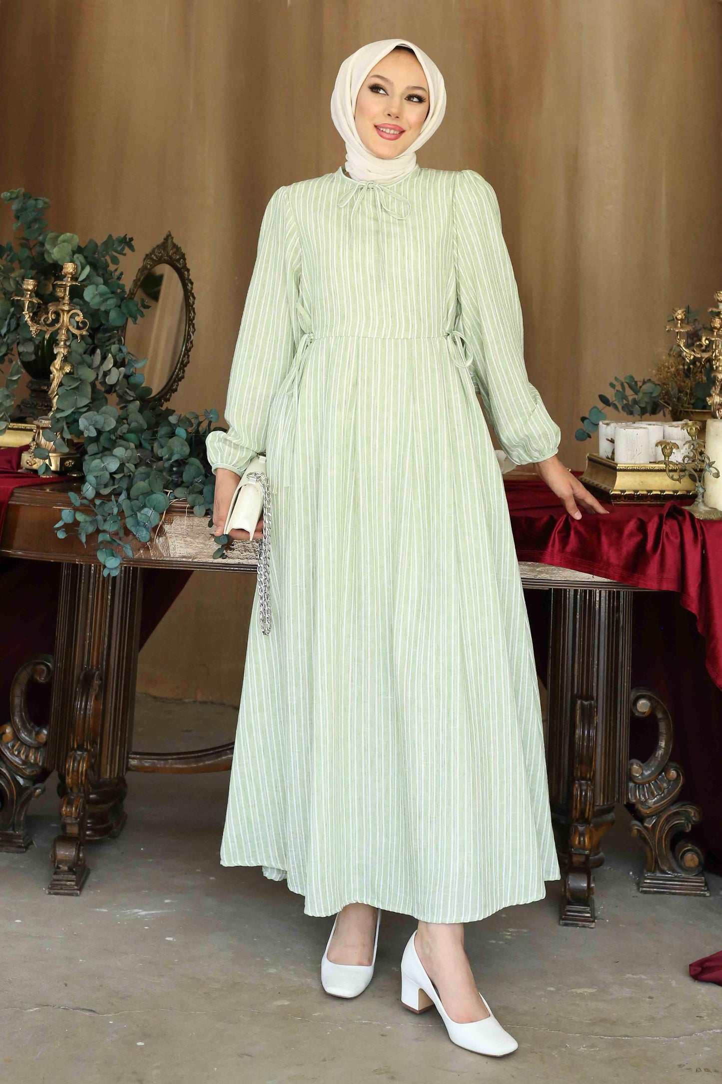 Galida Keten Çizgili Elbise Yeşil