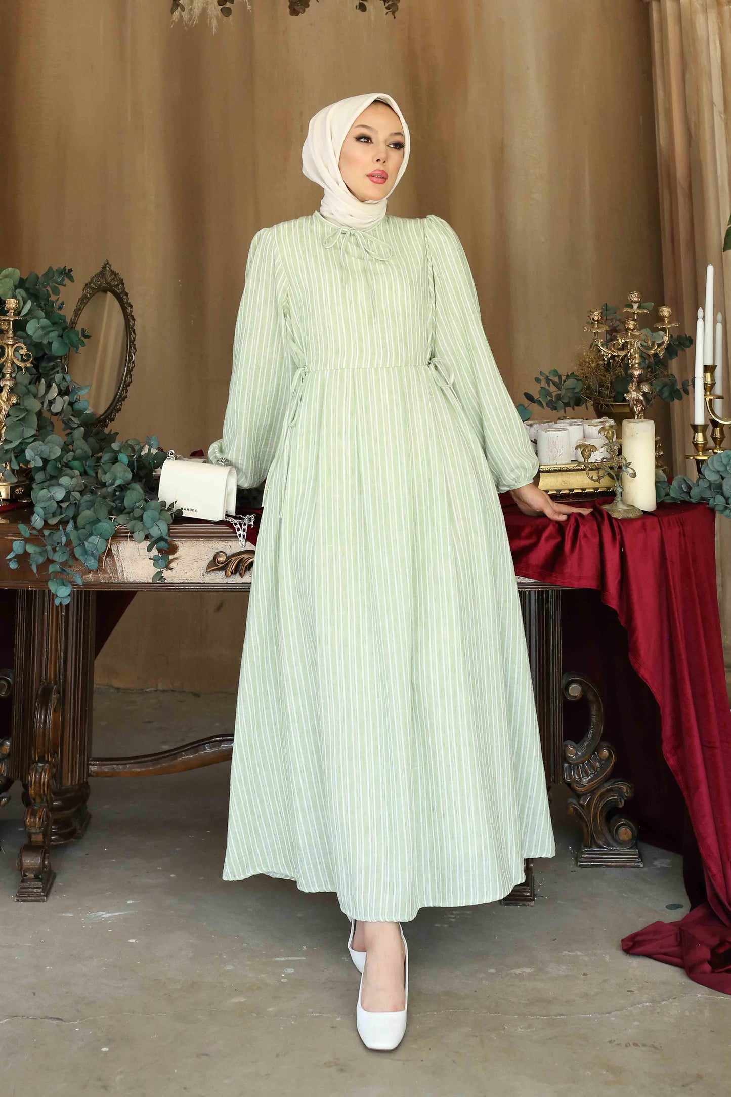 Galida Keten Çizgili Elbise Yeşil