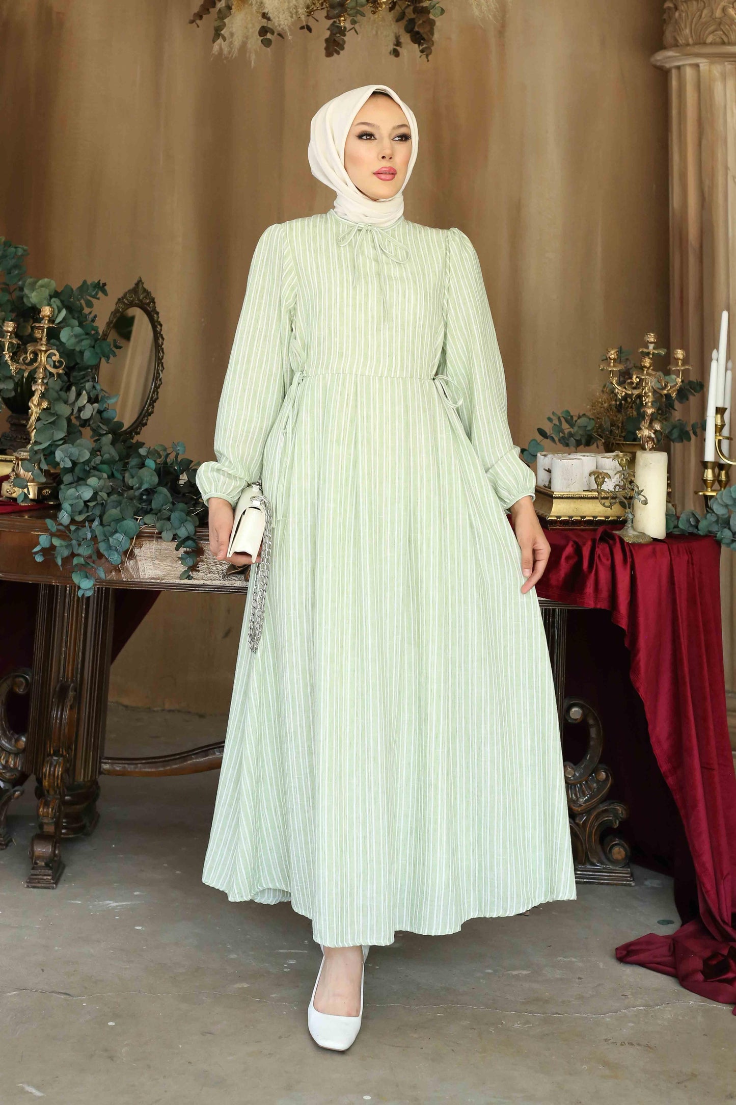 Galida Keten Çizgili Elbise Yeşil