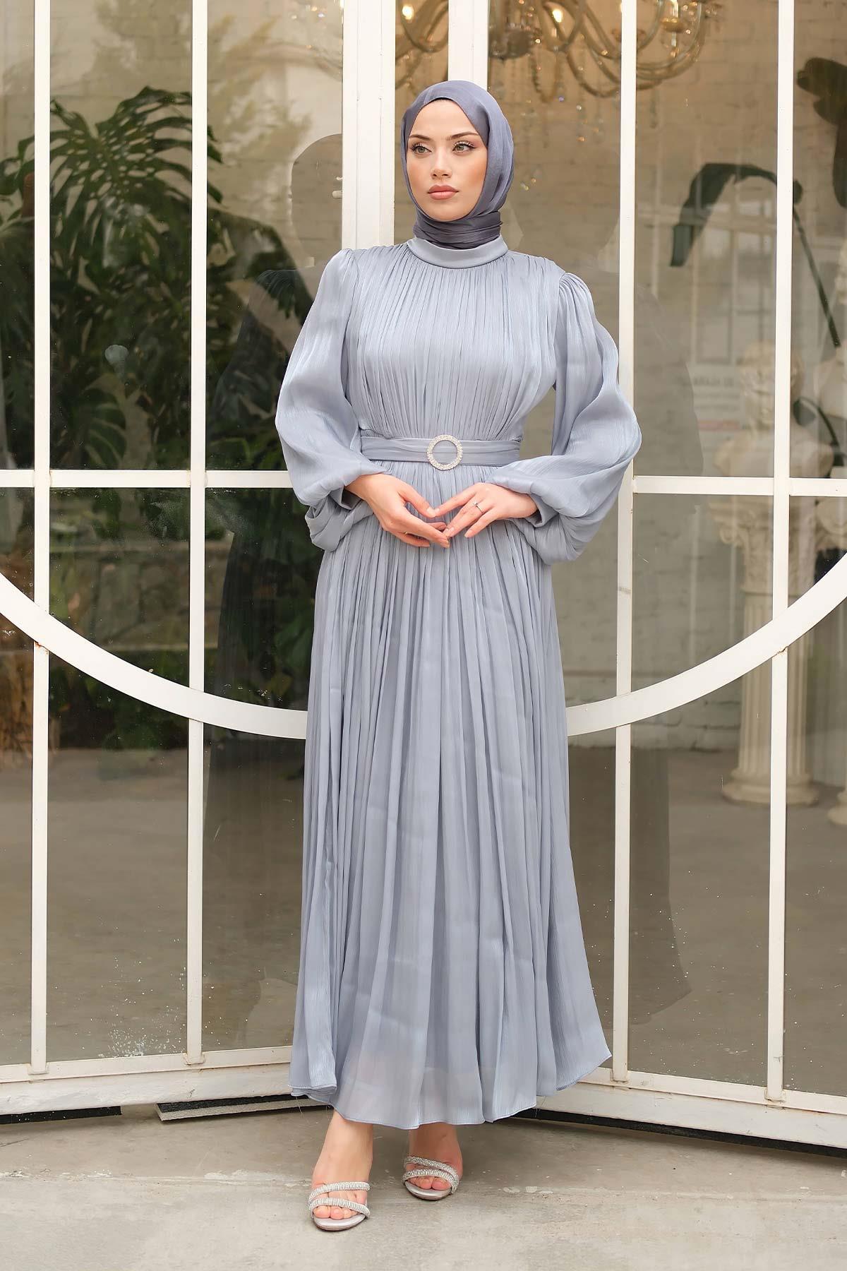 Gold Deren Abiye Elbise Gri