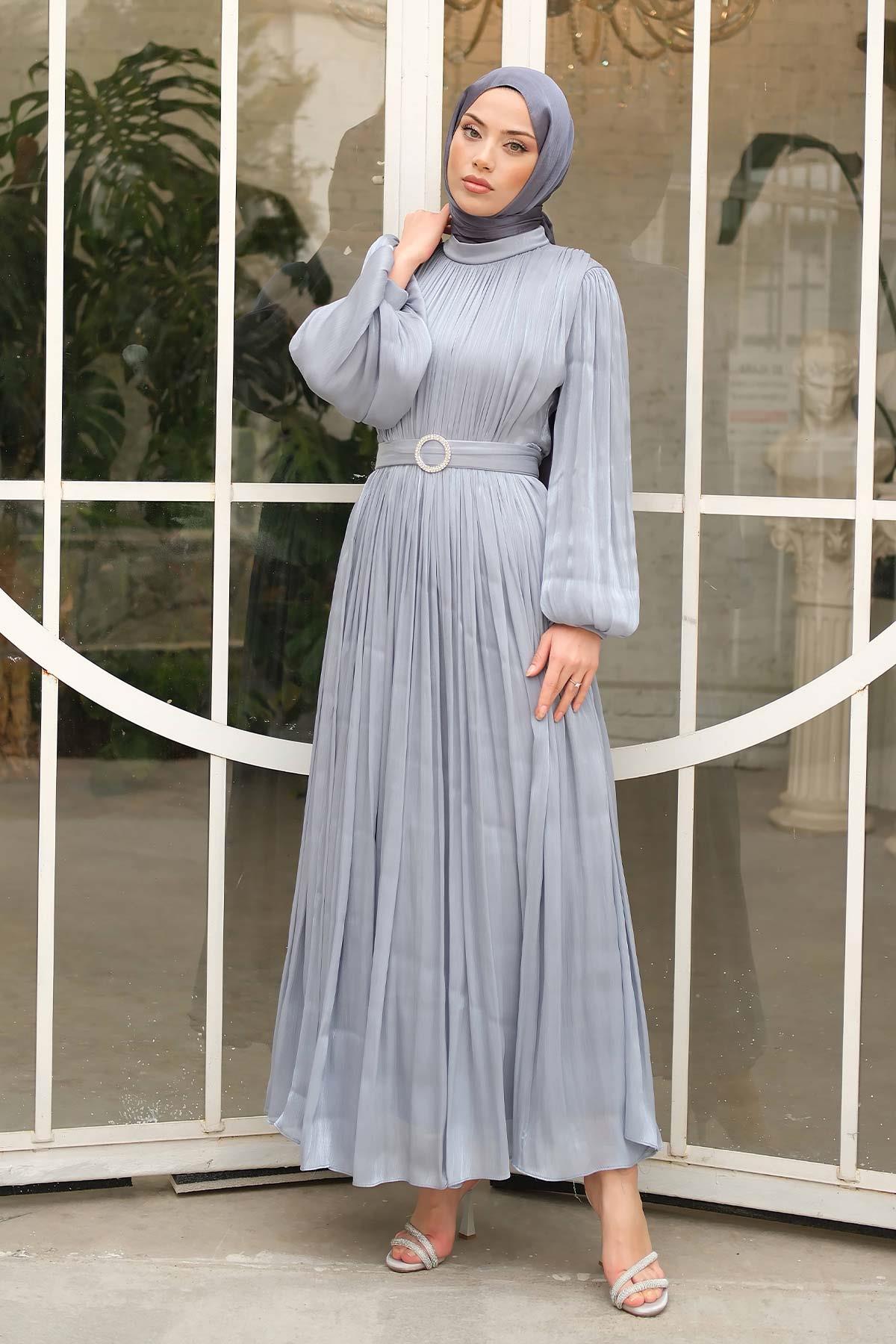 Gold Deren Abiye Elbise Gri