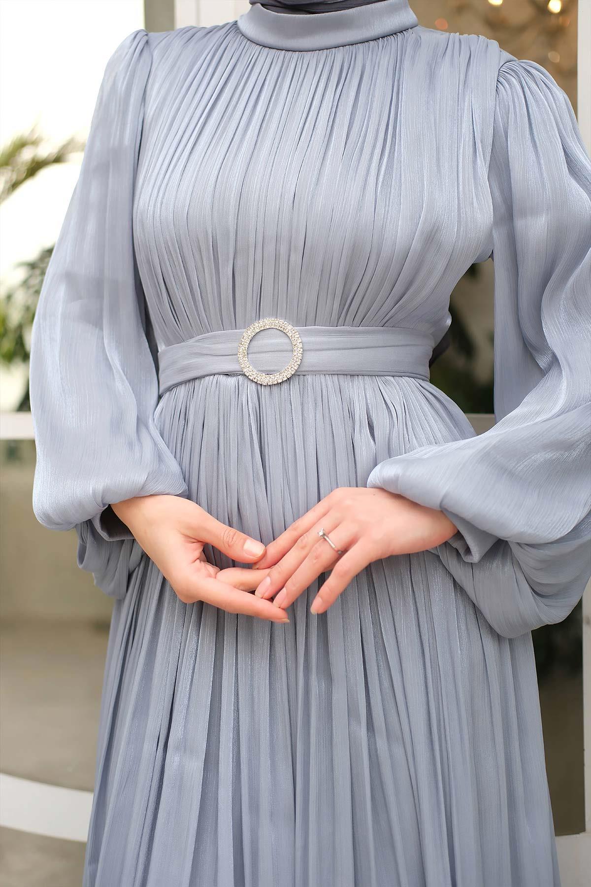 Gold Deren Abiye Elbise Gri