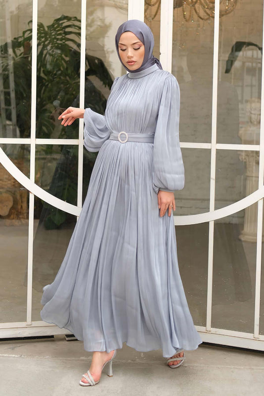 Gold Deren Abiye Elbise Gri