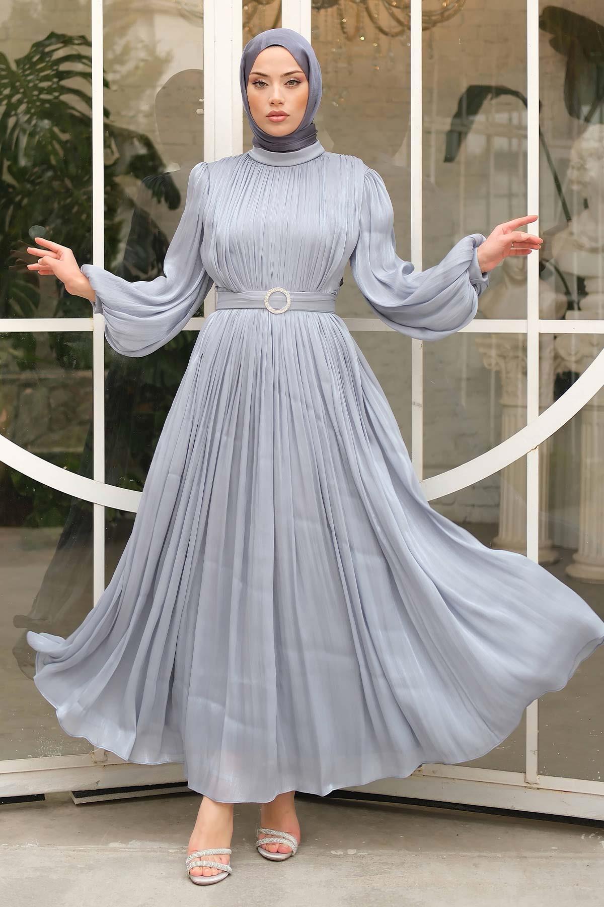 Gold Deren Abiye Elbise Gri