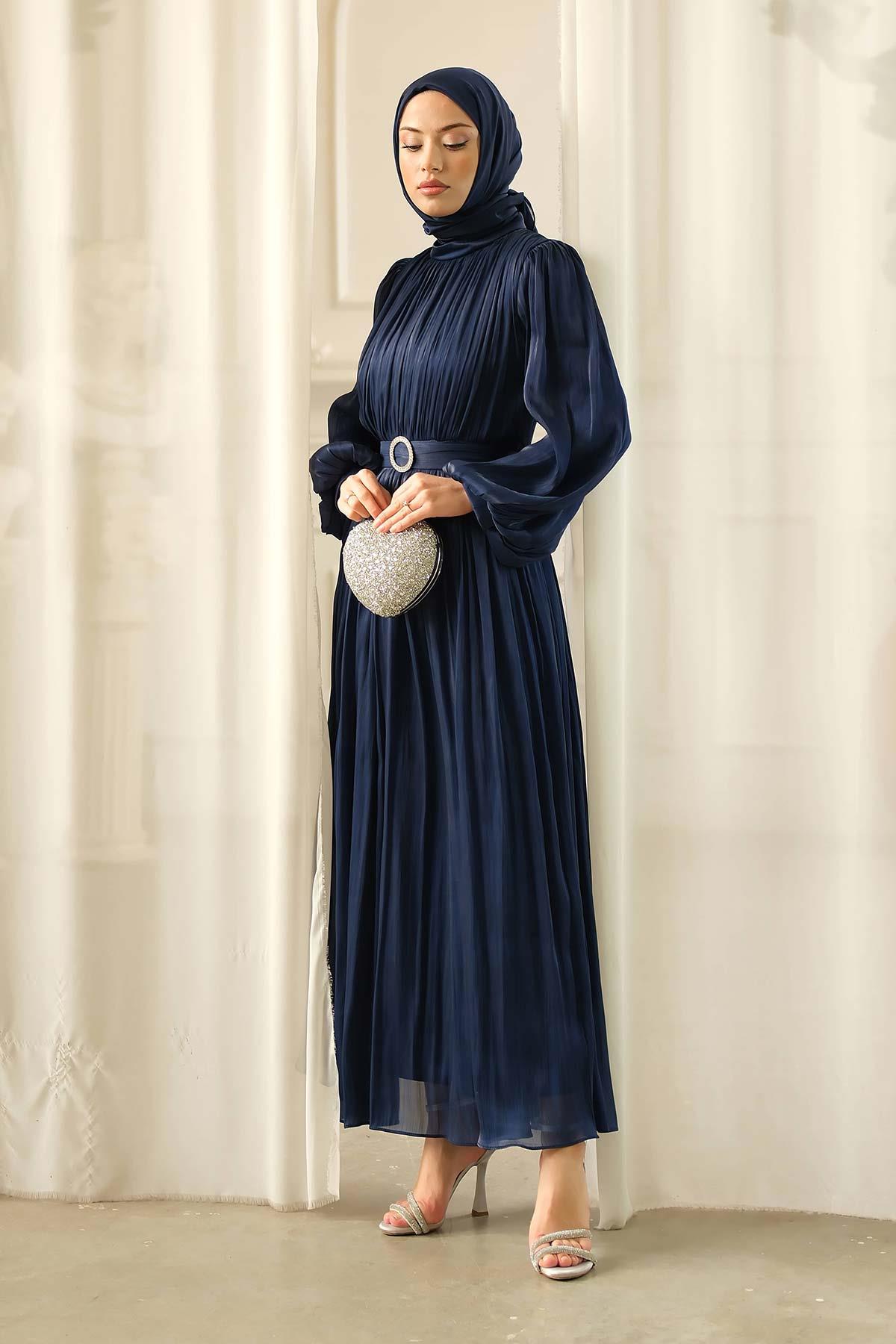 Gold Deren Abiye Elbise Lacivert