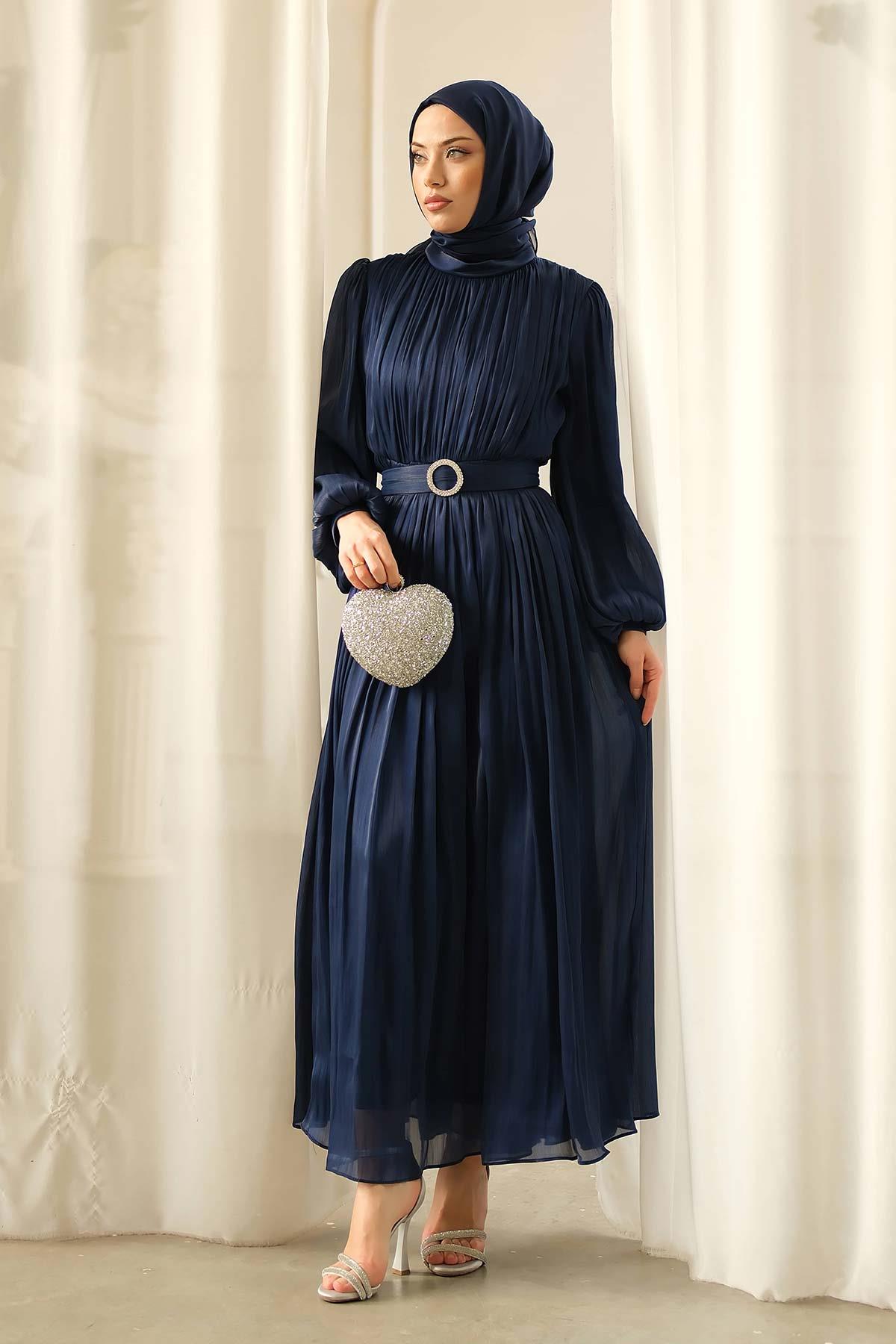 Gold Deren Abiye Elbise Lacivert