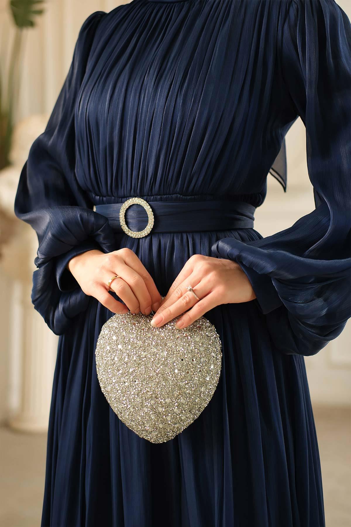 Gold Deren Abiye Elbise Lacivert