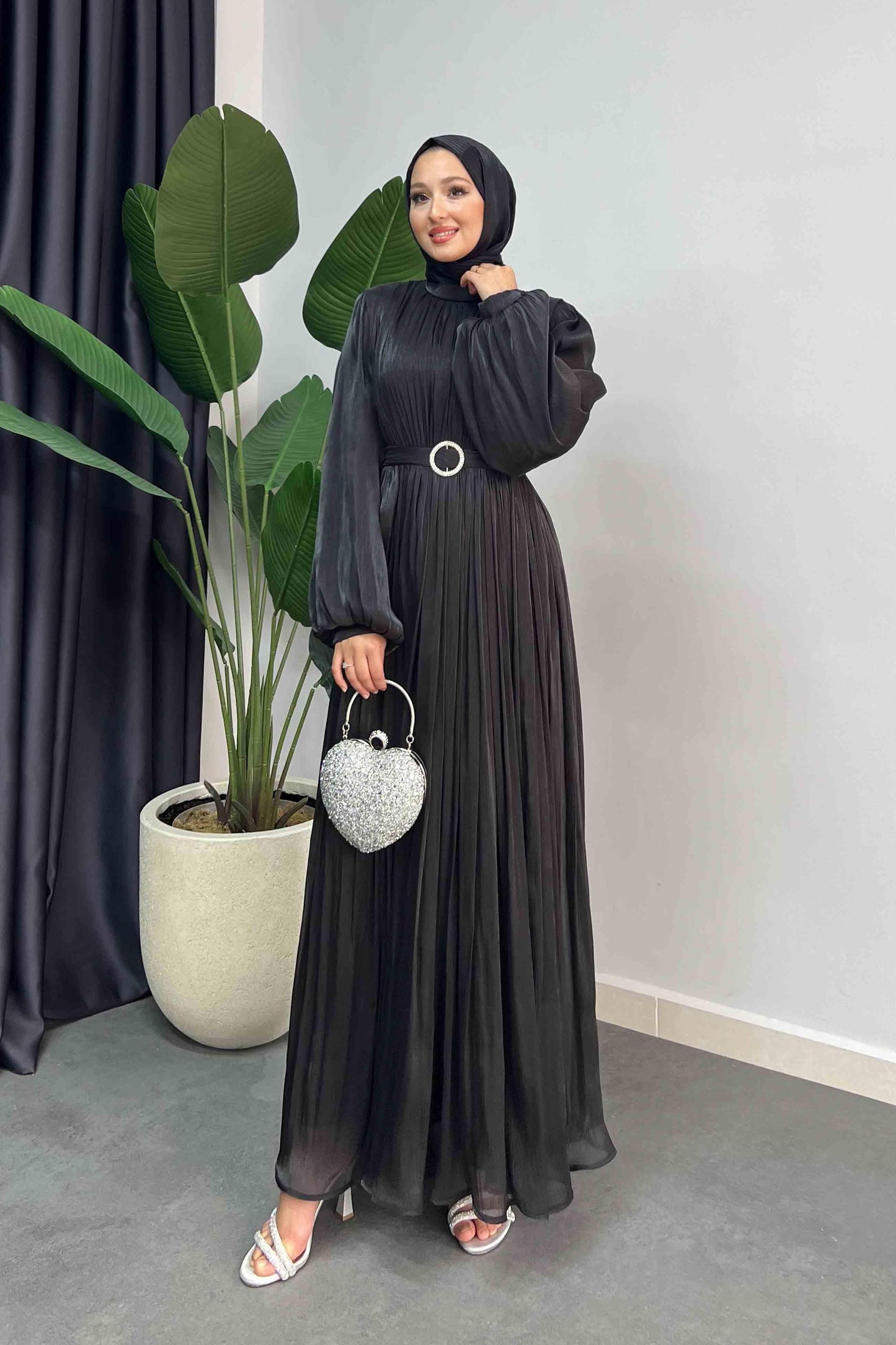 Gold Deren Abiye Elbise Siyah