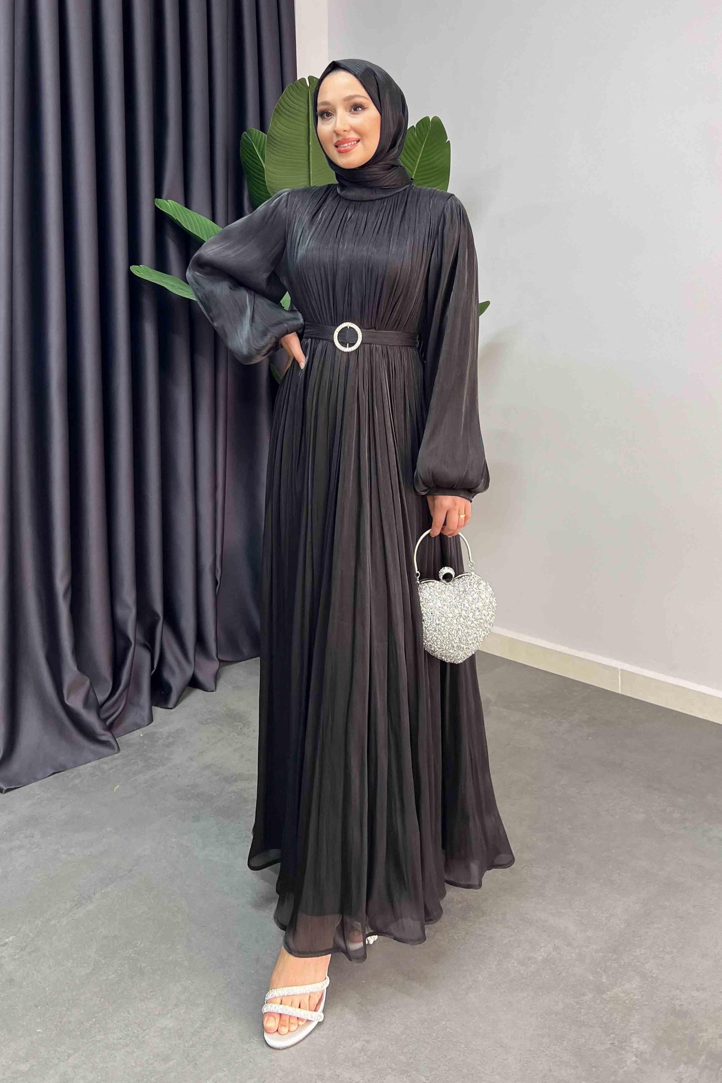 Gold Deren Abiye Elbise Siyah