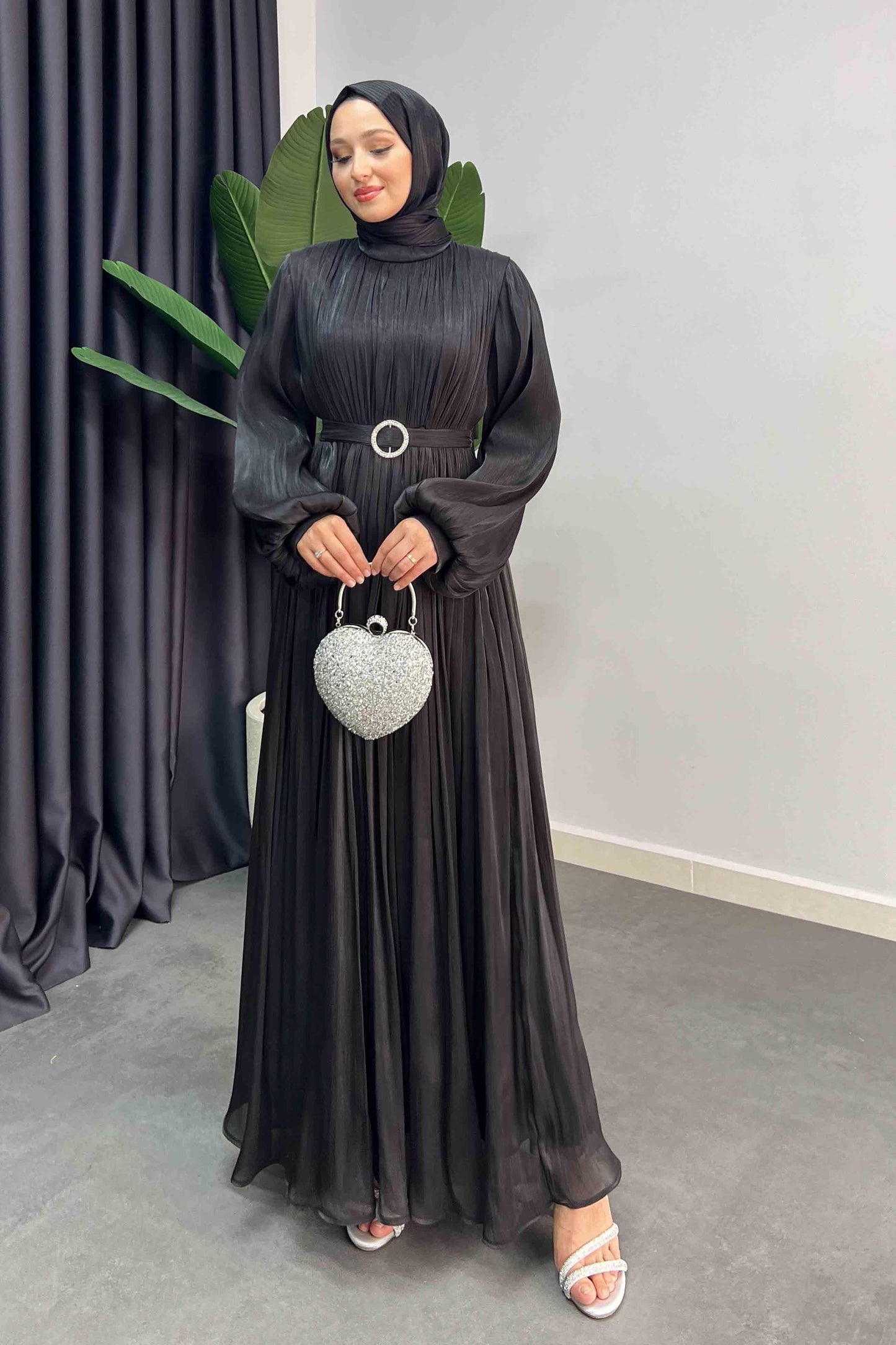 Gold Deren Abiye Elbise Siyah