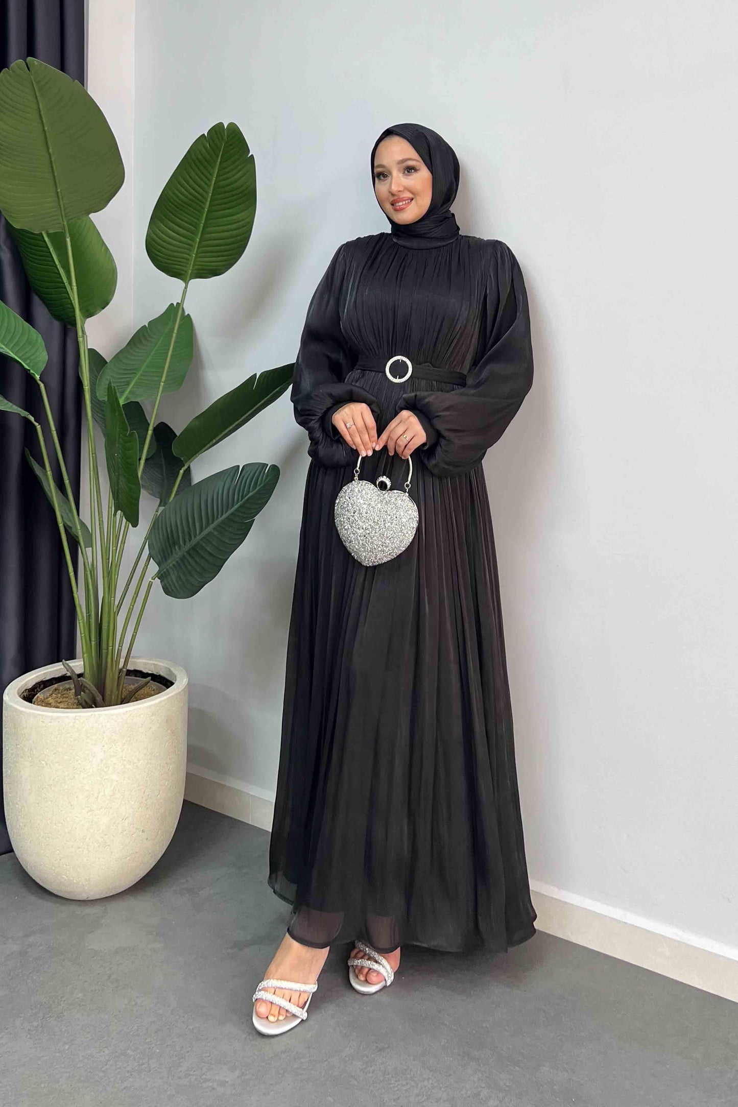 Gold Deren Abiye Elbise Siyah